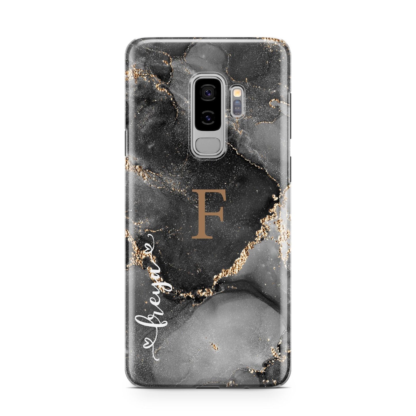 Black Marble Samsung Galaxy S9 Plus Case on Silver phone