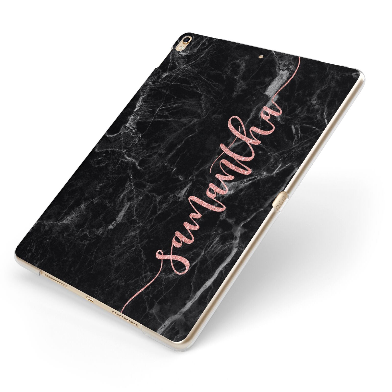 Black Marble Vertical Glitter Personalised Name Apple iPad Case on Gold iPad Side View