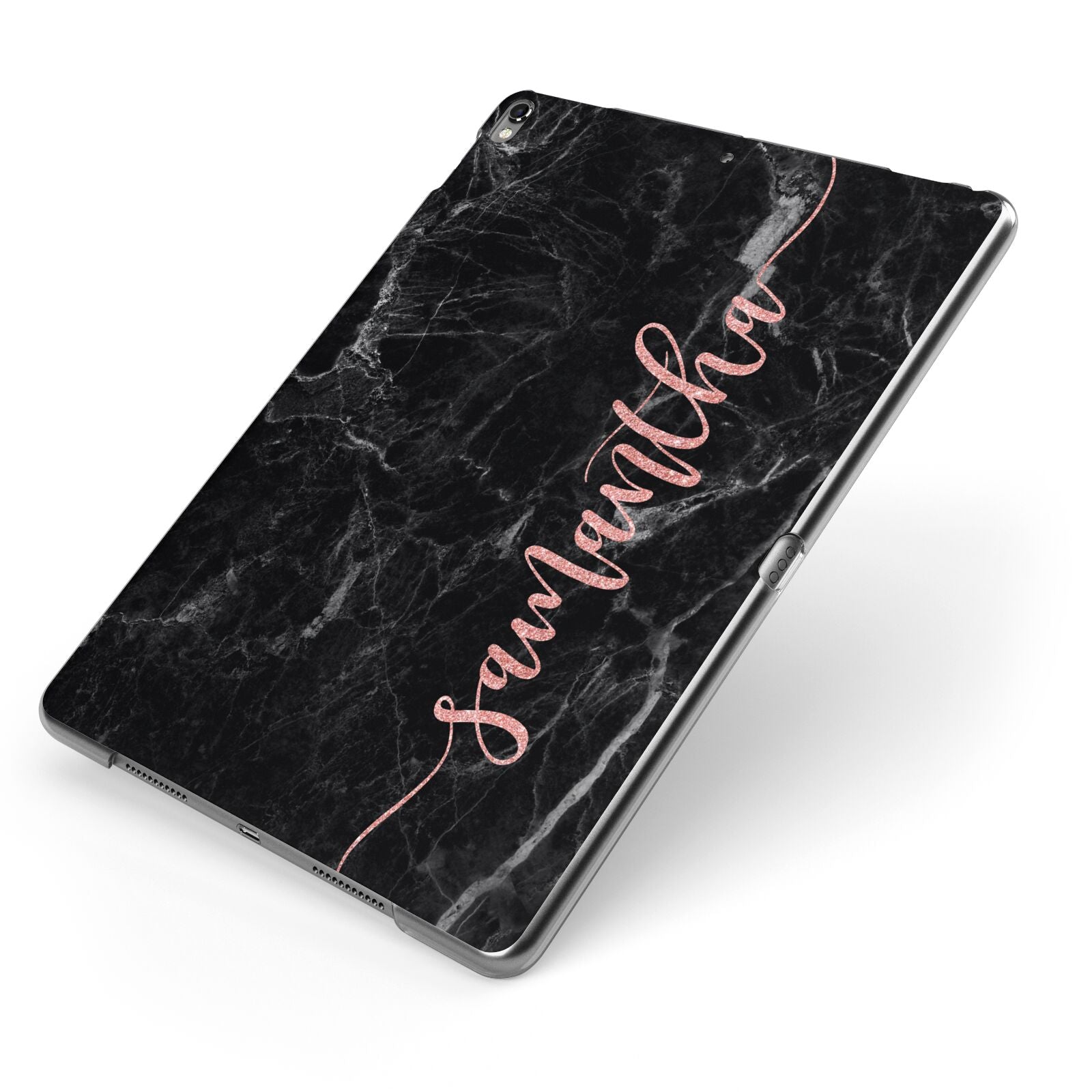 Black Marble Vertical Glitter Personalised Name Apple iPad Case on Grey iPad Side View