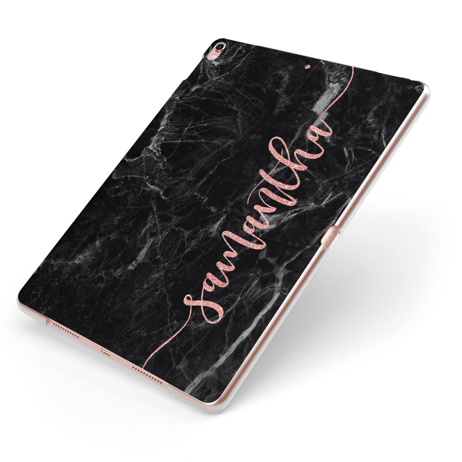 Black Marble Vertical Glitter Personalised Name Apple iPad Case on Rose Gold iPad Side View