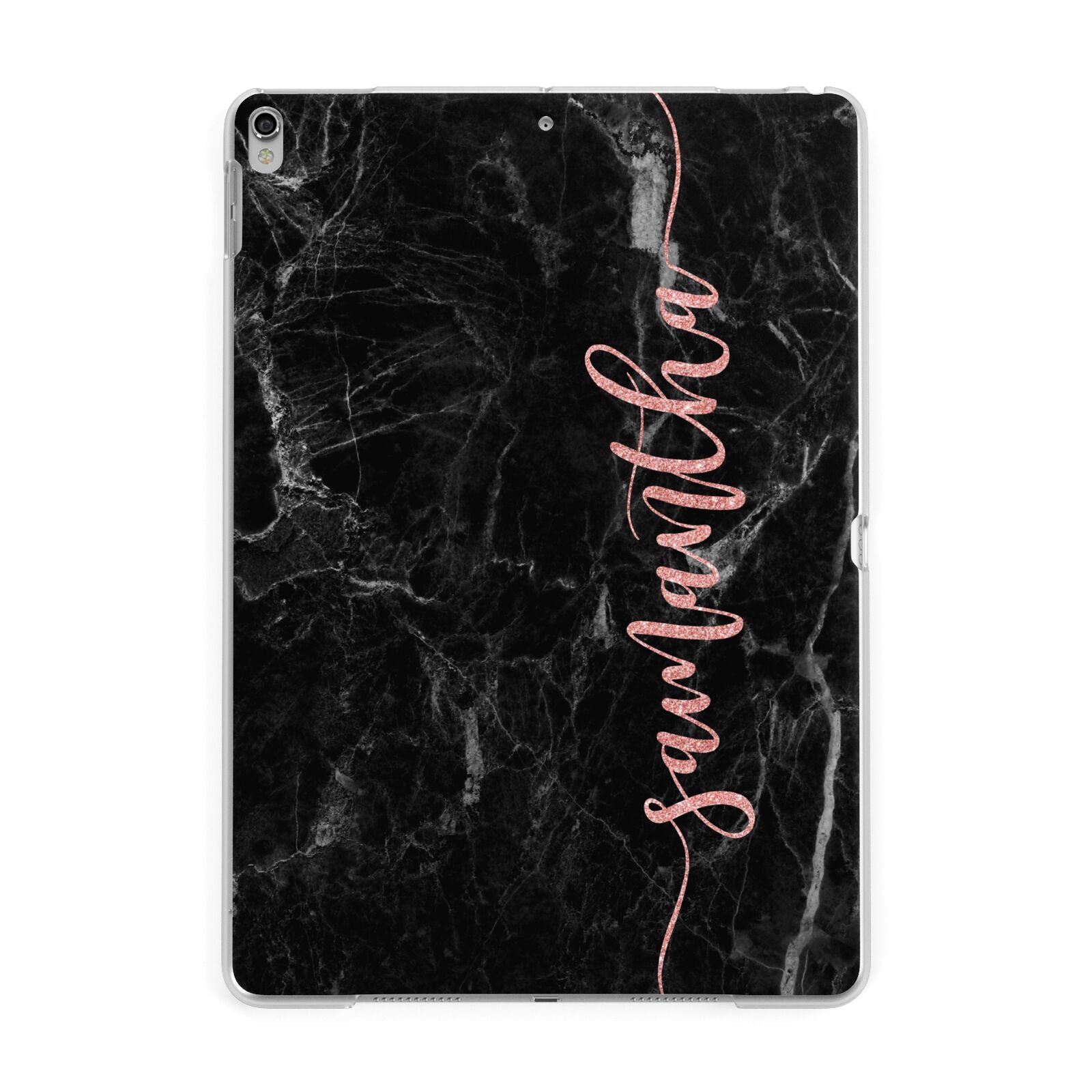 Black Marble Vertical Glitter Personalised Name Apple iPad Silver Case