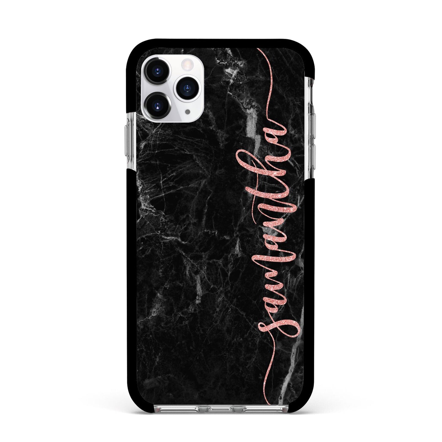 Black Marble Vertical Glitter Personalised Name Apple iPhone 11 Pro Max in Silver with Black Impact Case
