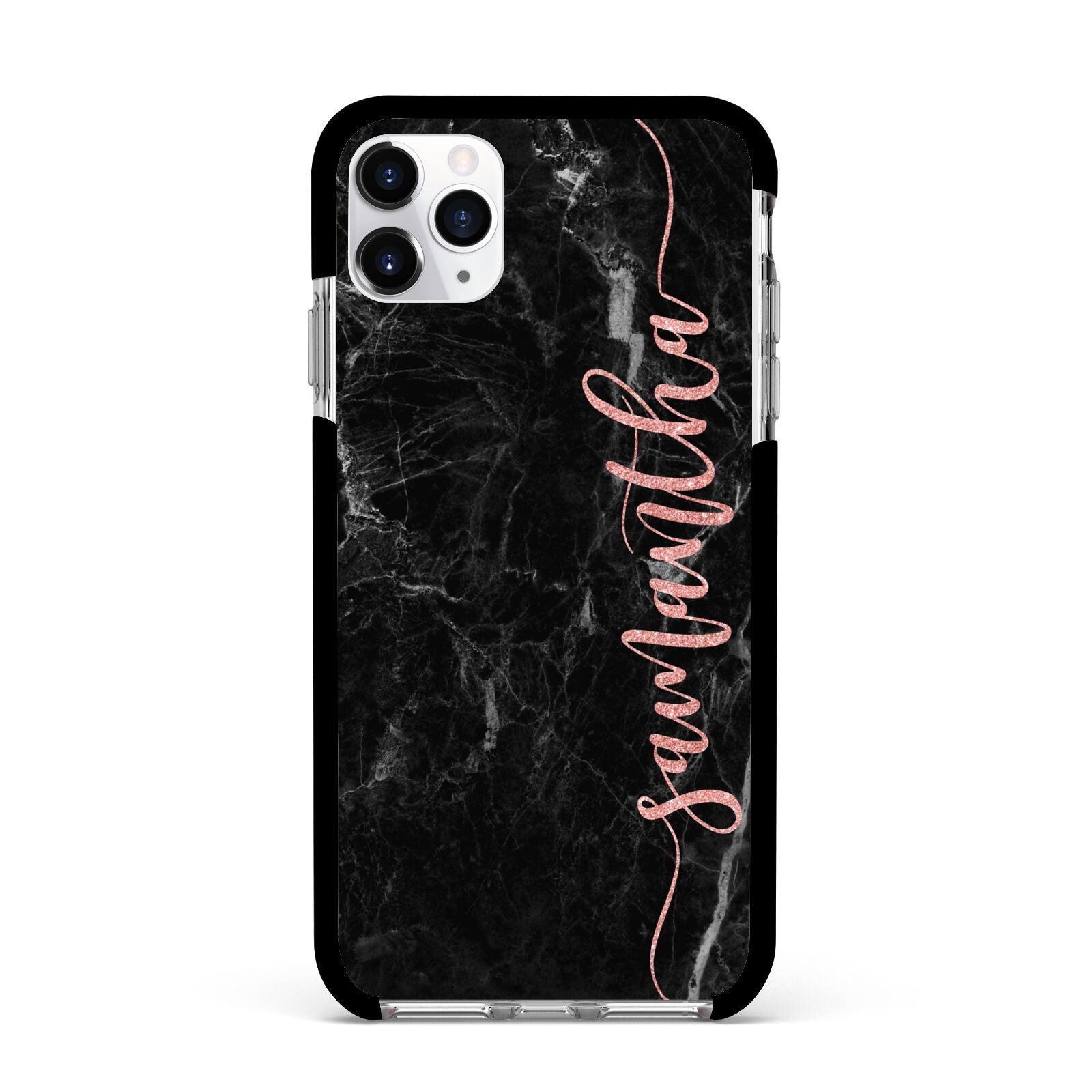 Black Marble Vertical Glitter Personalised Name Apple iPhone 11 Pro Max in Silver with Black Impact Case
