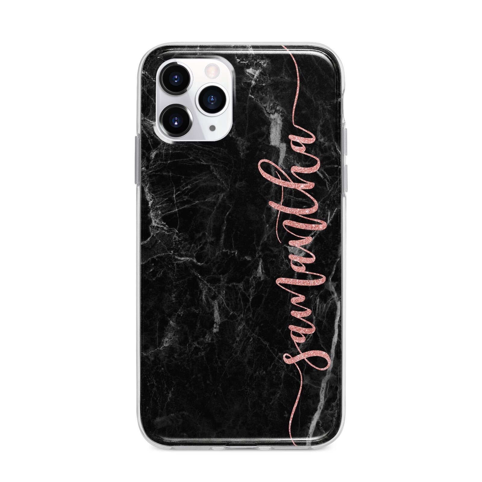 Black Marble Vertical Glitter Personalised Name Apple iPhone 11 Pro Max in Silver with Bumper Case