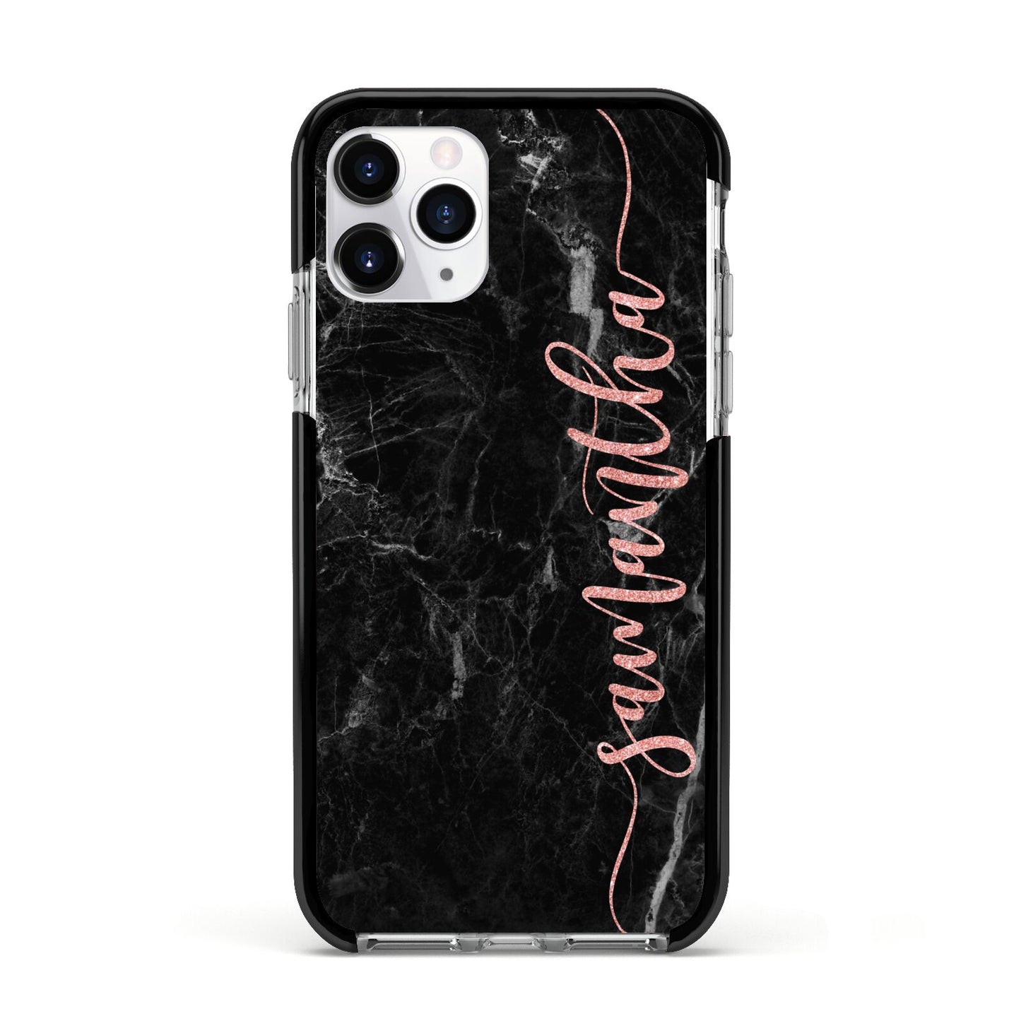 Black Marble Vertical Glitter Personalised Name Apple iPhone 11 Pro in Silver with Black Impact Case