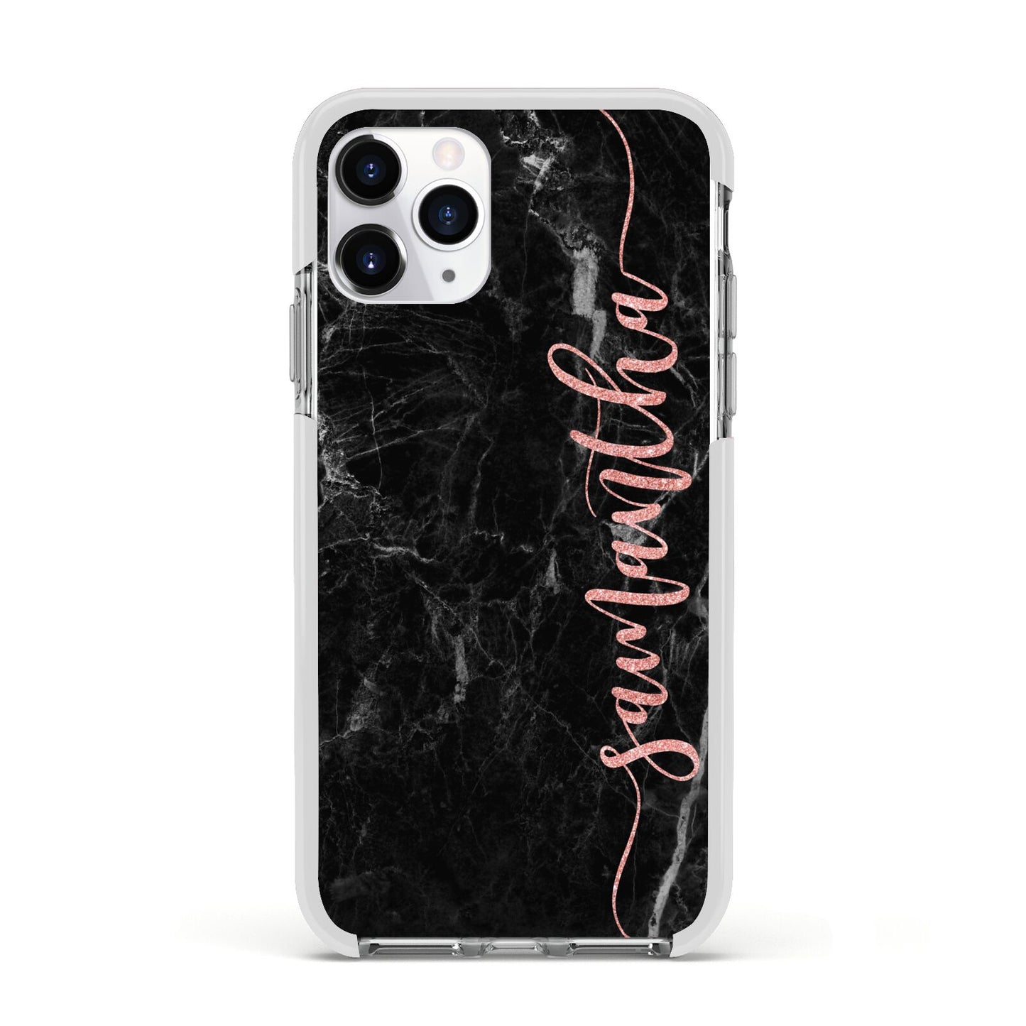 Black Marble Vertical Glitter Personalised Name Apple iPhone 11 Pro in Silver with White Impact Case