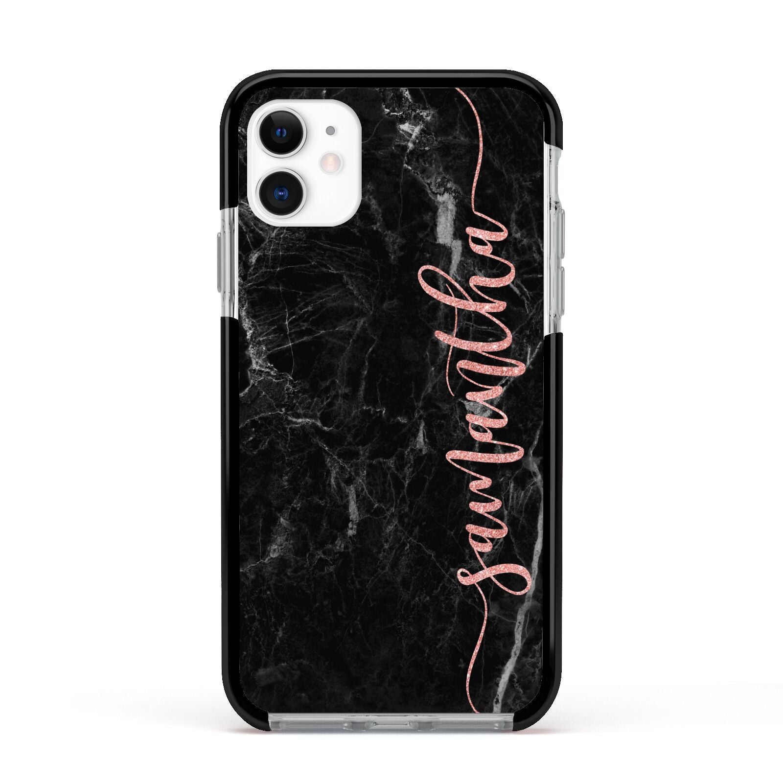 Black Marble Vertical Glitter Personalised Name Apple iPhone 11 in White with Black Impact Case
