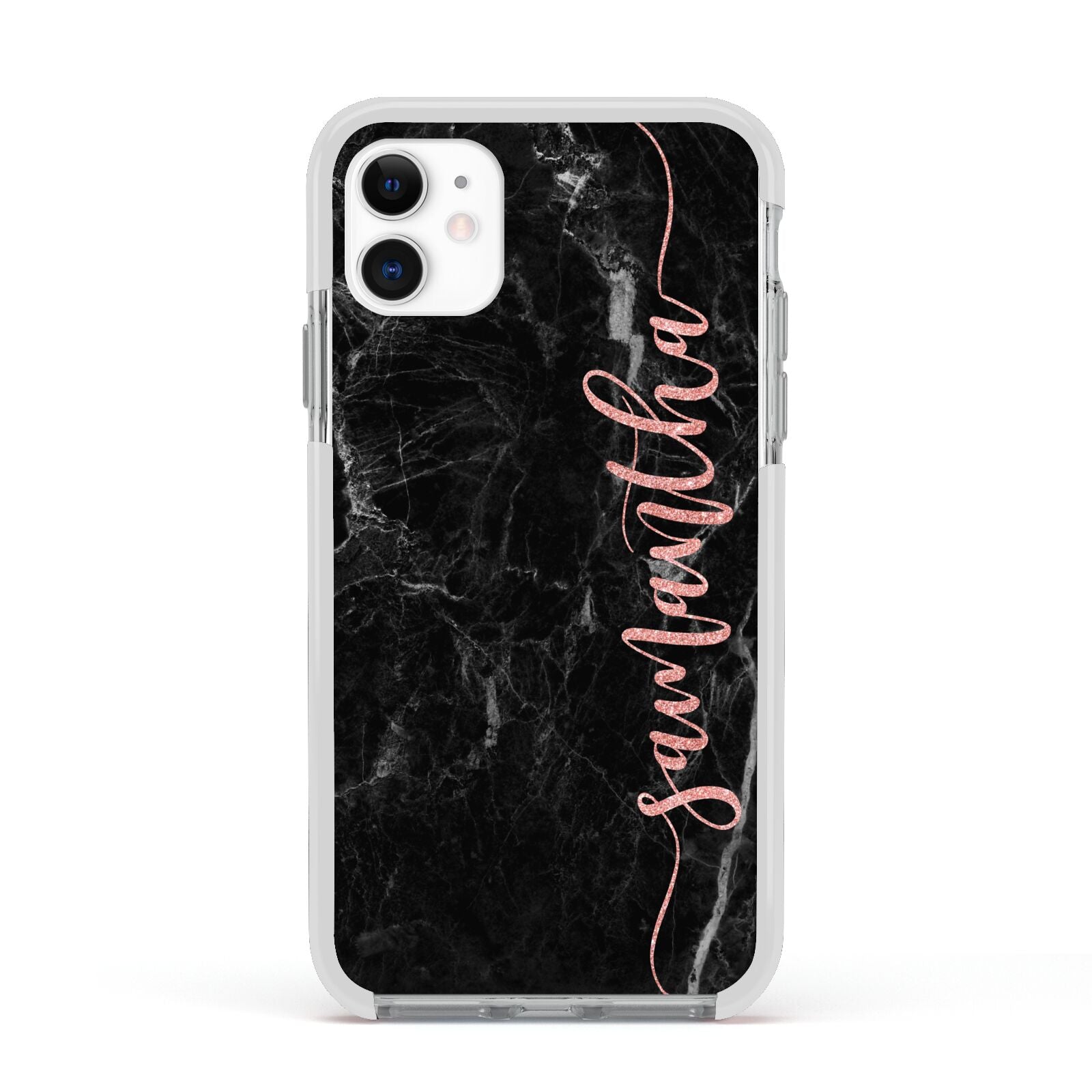 Black Marble Vertical Glitter Personalised Name Apple iPhone 11 in White with White Impact Case