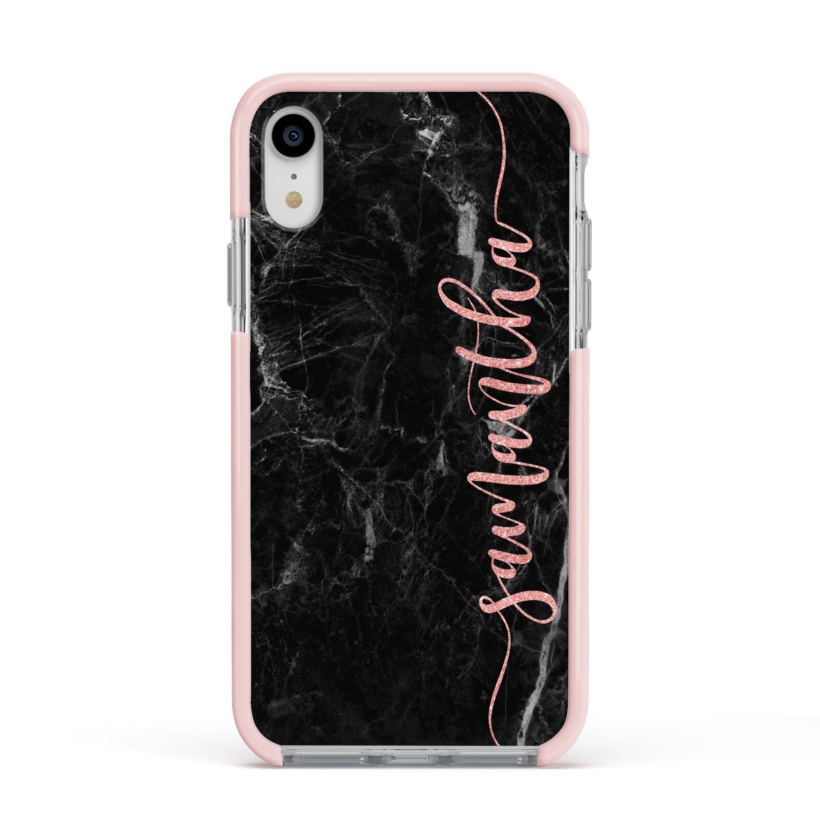 Black Marble Vertical Glitter Personalised Name Apple iPhone XR Impact Case Pink Edge on Silver Phone