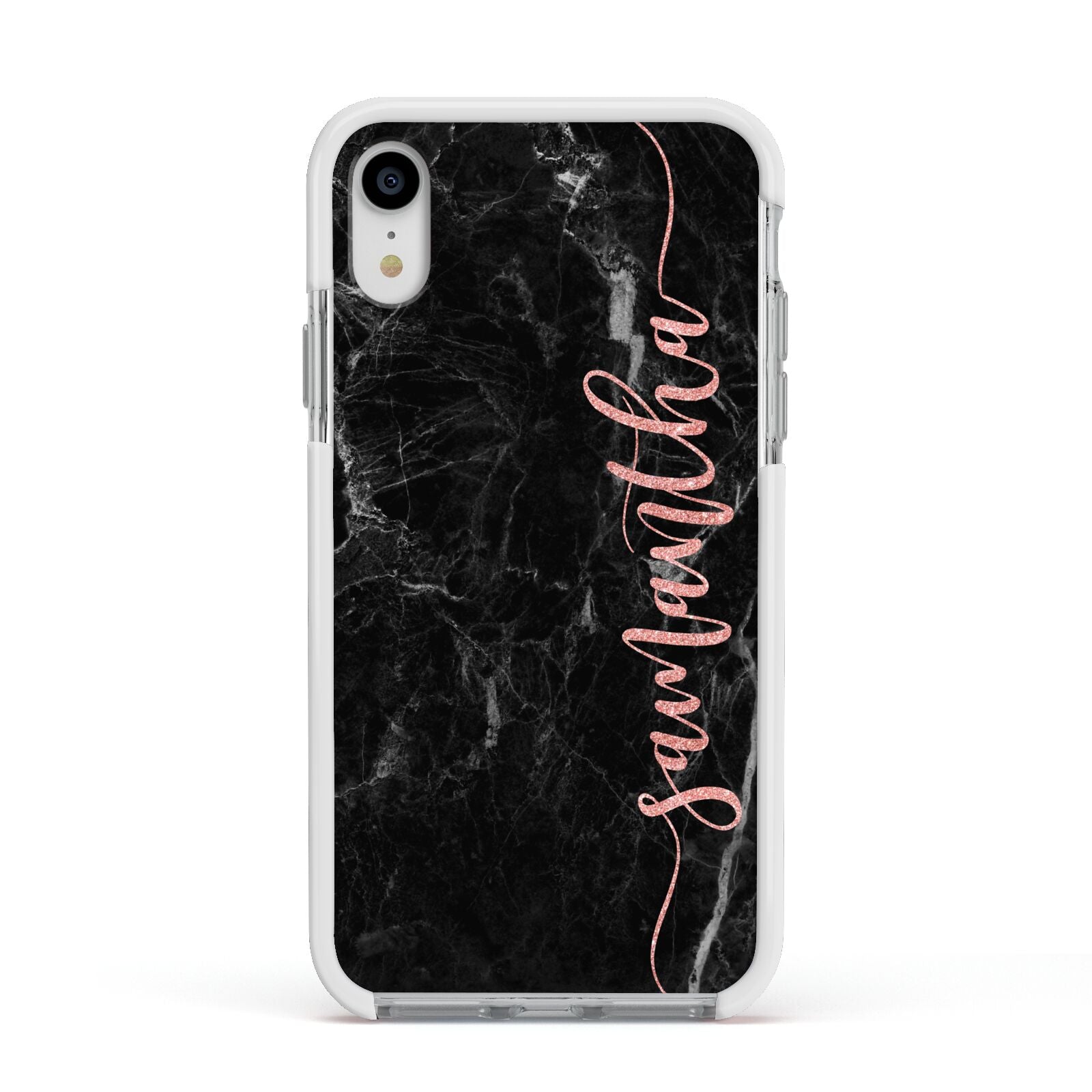 Black Marble Vertical Glitter Personalised Name Apple iPhone XR Impact Case White Edge on Silver Phone