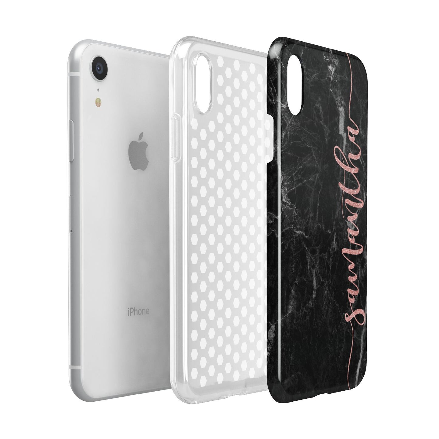 Black Marble Vertical Glitter Personalised Name Apple iPhone XR White 3D Tough Case Expanded view
