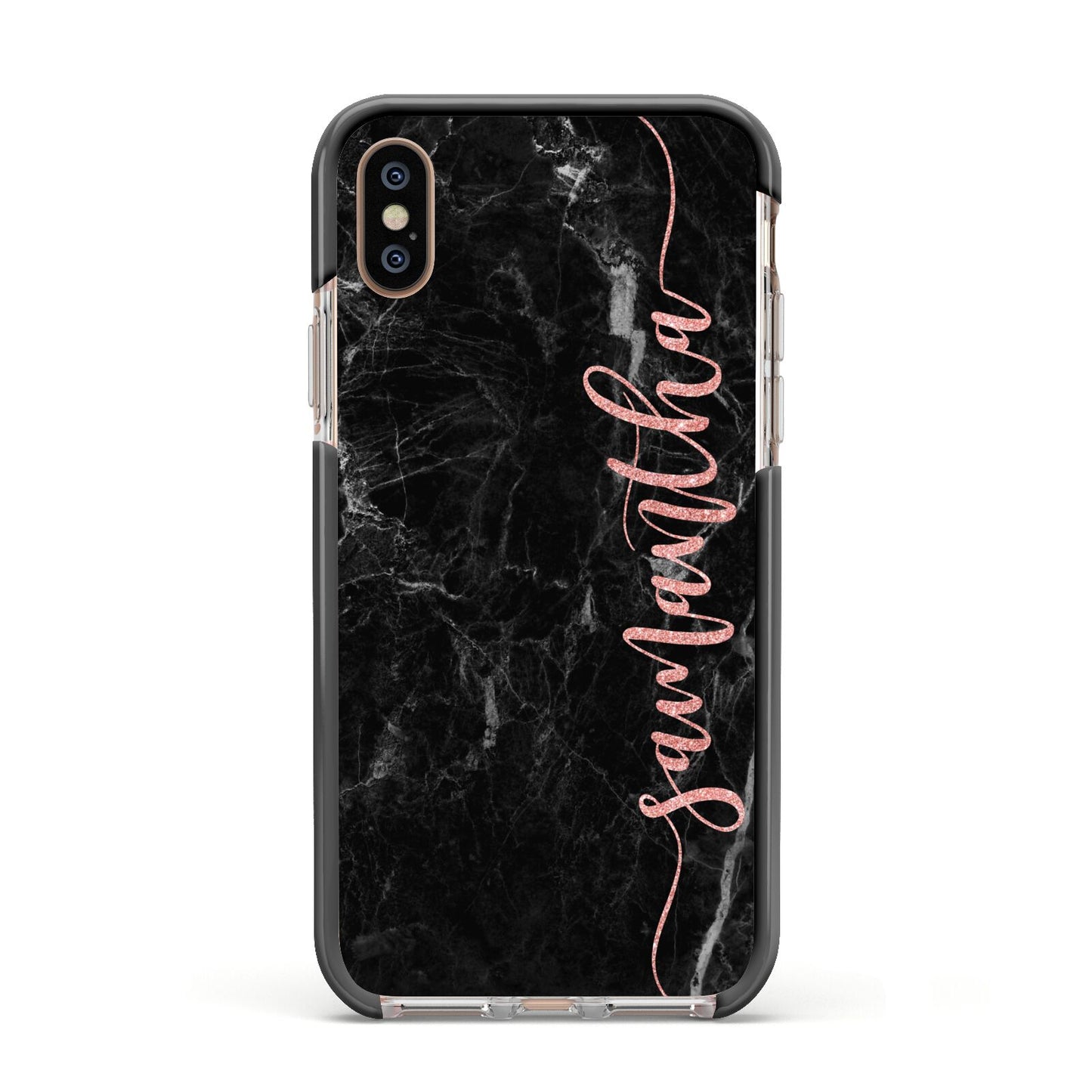 Black Marble Vertical Glitter Personalised Name Apple iPhone Xs Impact Case Black Edge on Gold Phone
