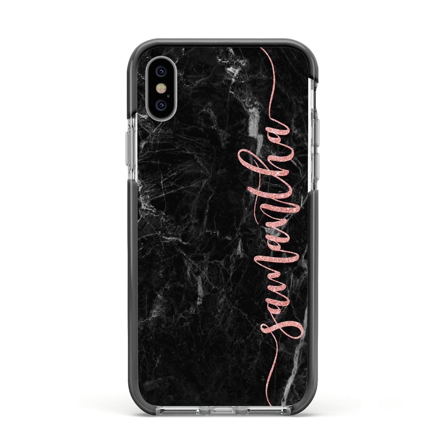 Black Marble Vertical Glitter Personalised Name Apple iPhone Xs Impact Case Black Edge on Silver Phone