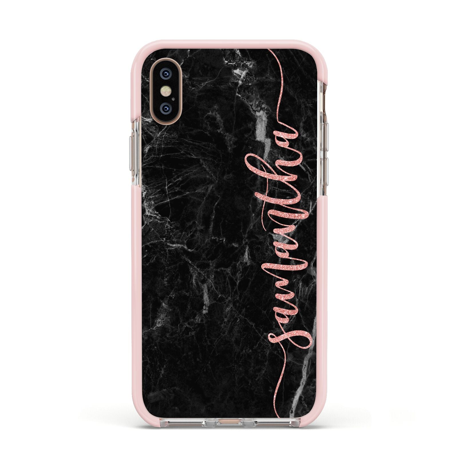 Black Marble Vertical Glitter Personalised Name Apple iPhone Xs Impact Case Pink Edge on Gold Phone