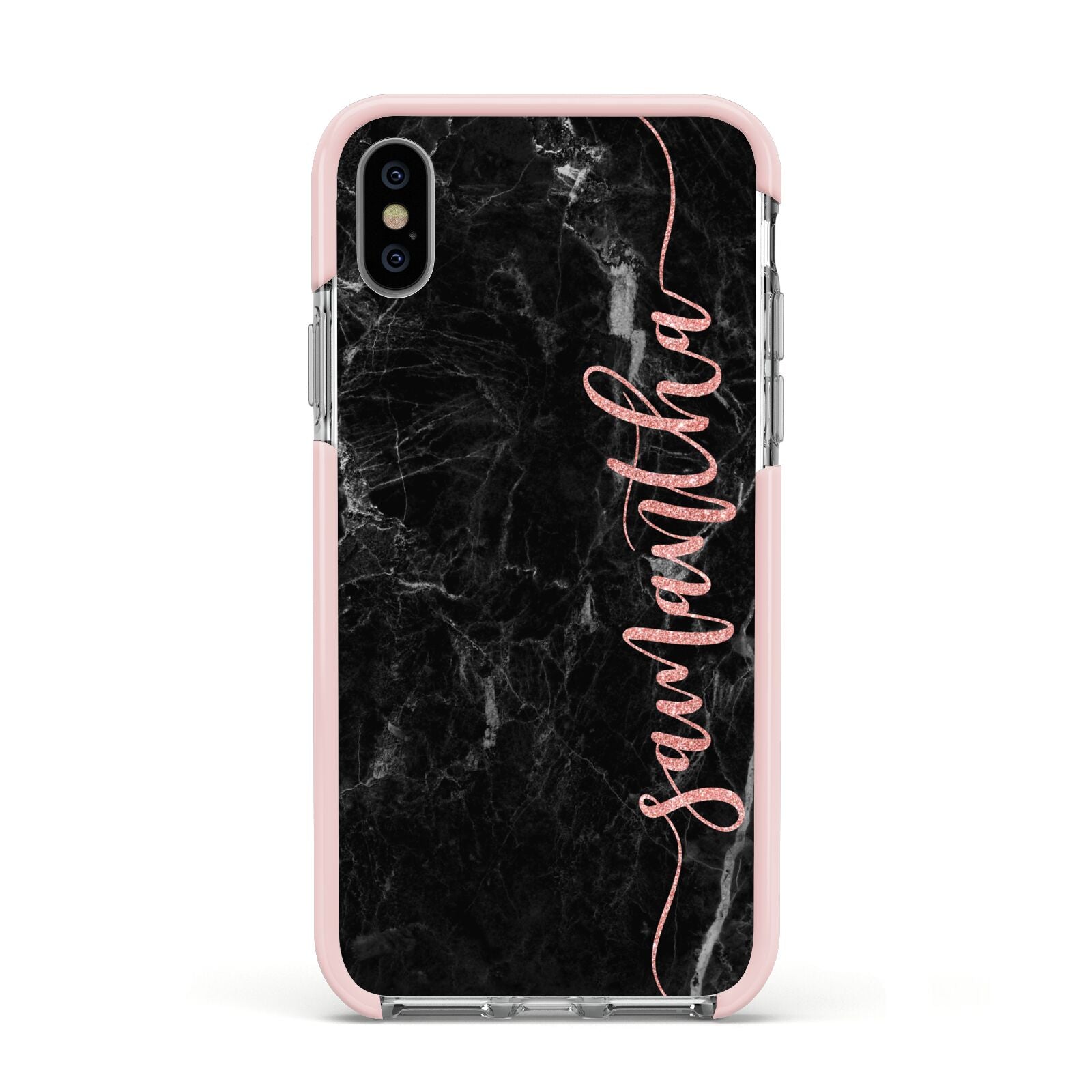 Black Marble Vertical Glitter Personalised Name Apple iPhone Xs Impact Case Pink Edge on Silver Phone