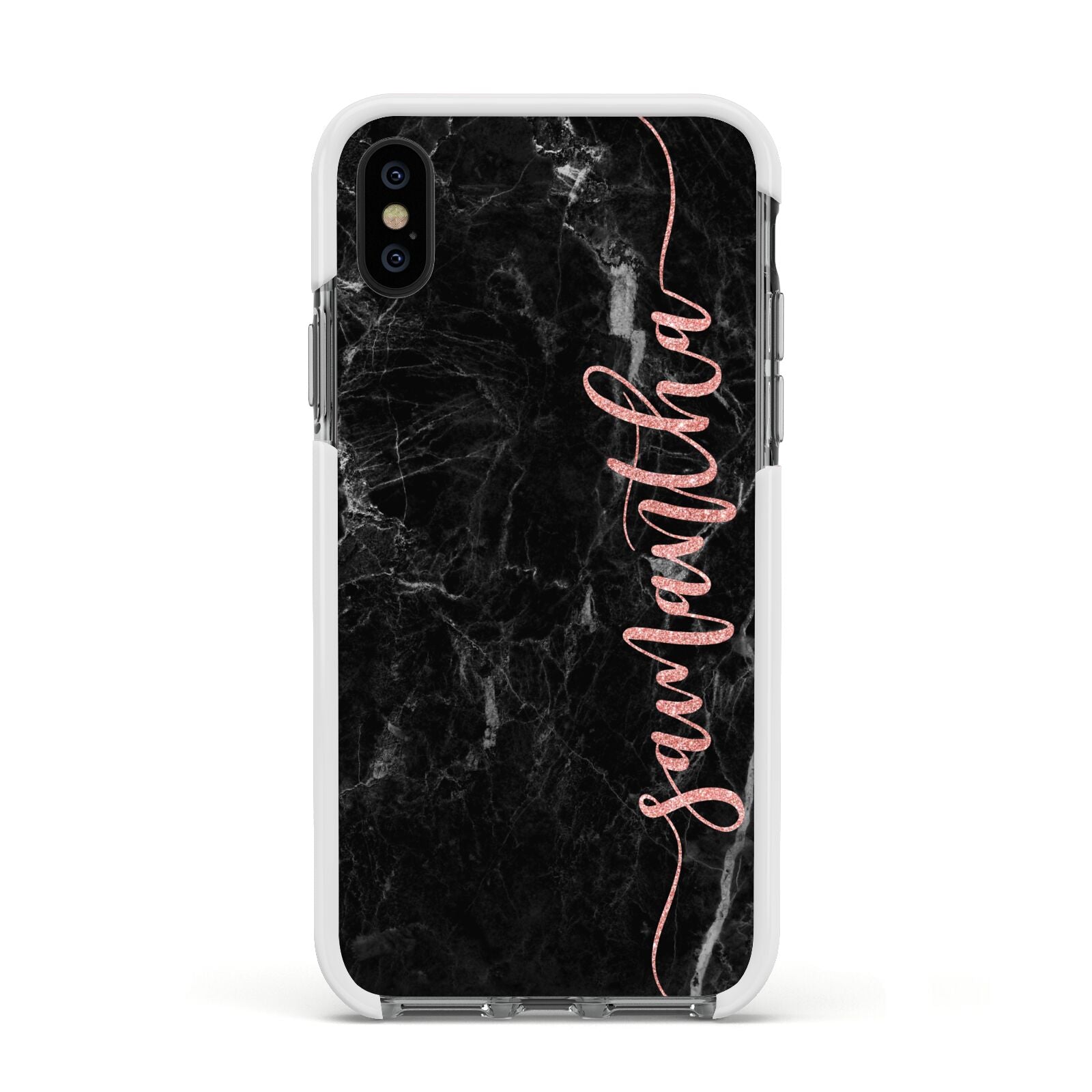 Black Marble Vertical Glitter Personalised Name Apple iPhone Xs Impact Case White Edge on Black Phone
