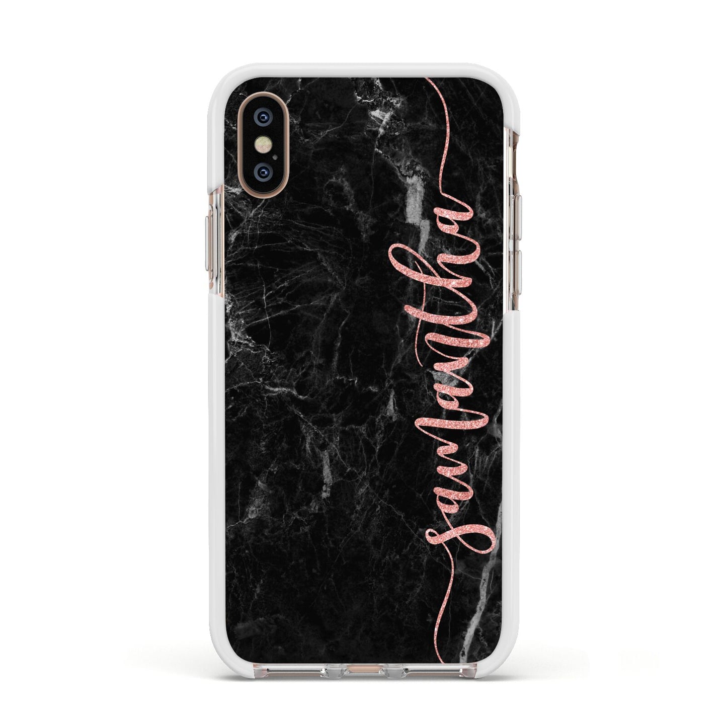 Black Marble Vertical Glitter Personalised Name Apple iPhone Xs Impact Case White Edge on Gold Phone