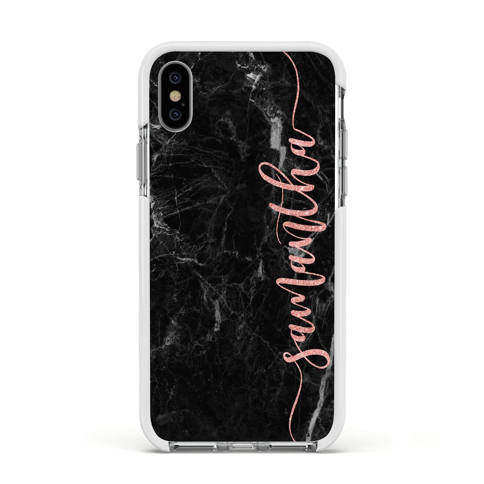 Black Marble Vertical Glitter Personalised Name Apple iPhone Xs Impact Case White Edge on Silver Phone
