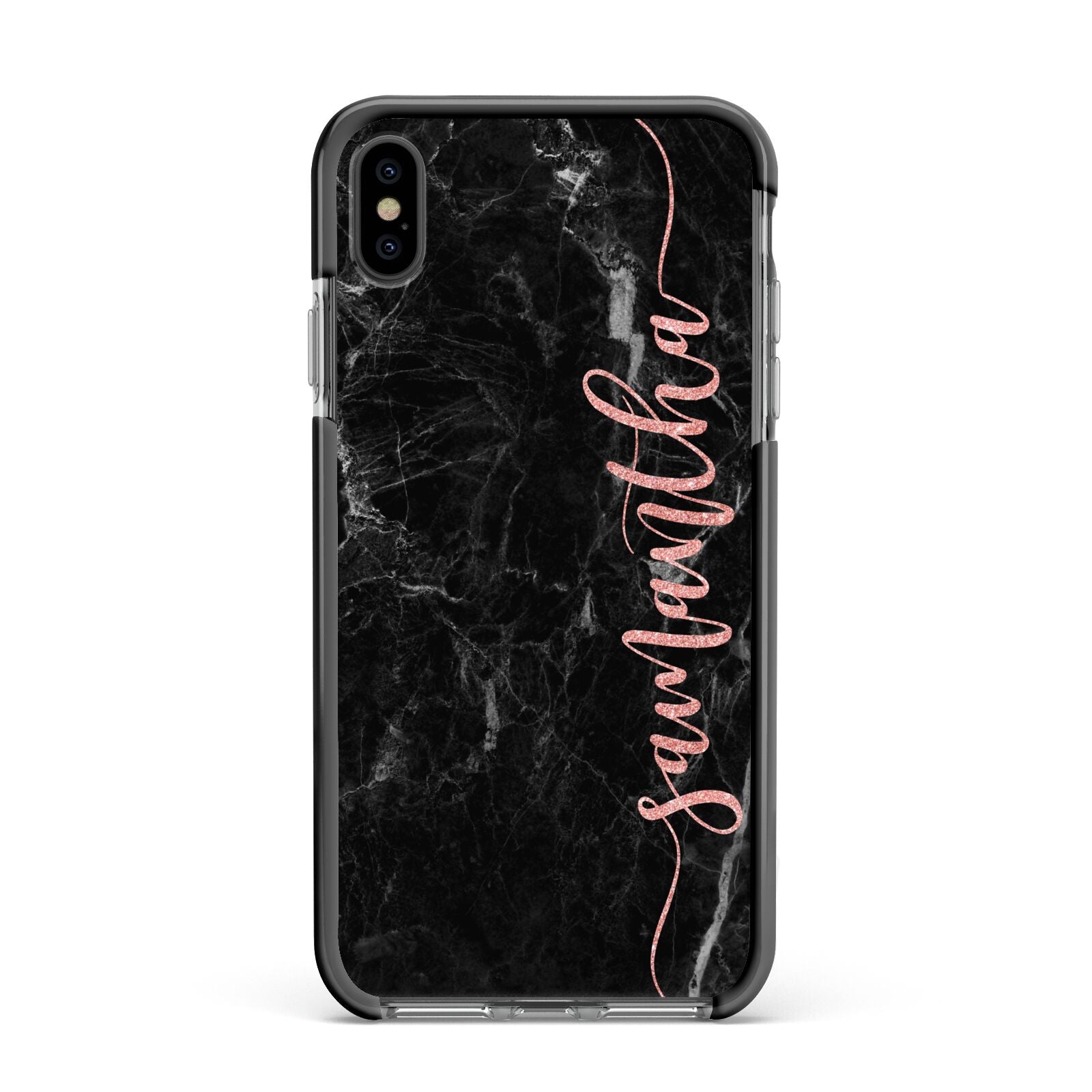 Black Marble Vertical Glitter Personalised Name Apple iPhone Xs Max Impact Case Black Edge on Black Phone
