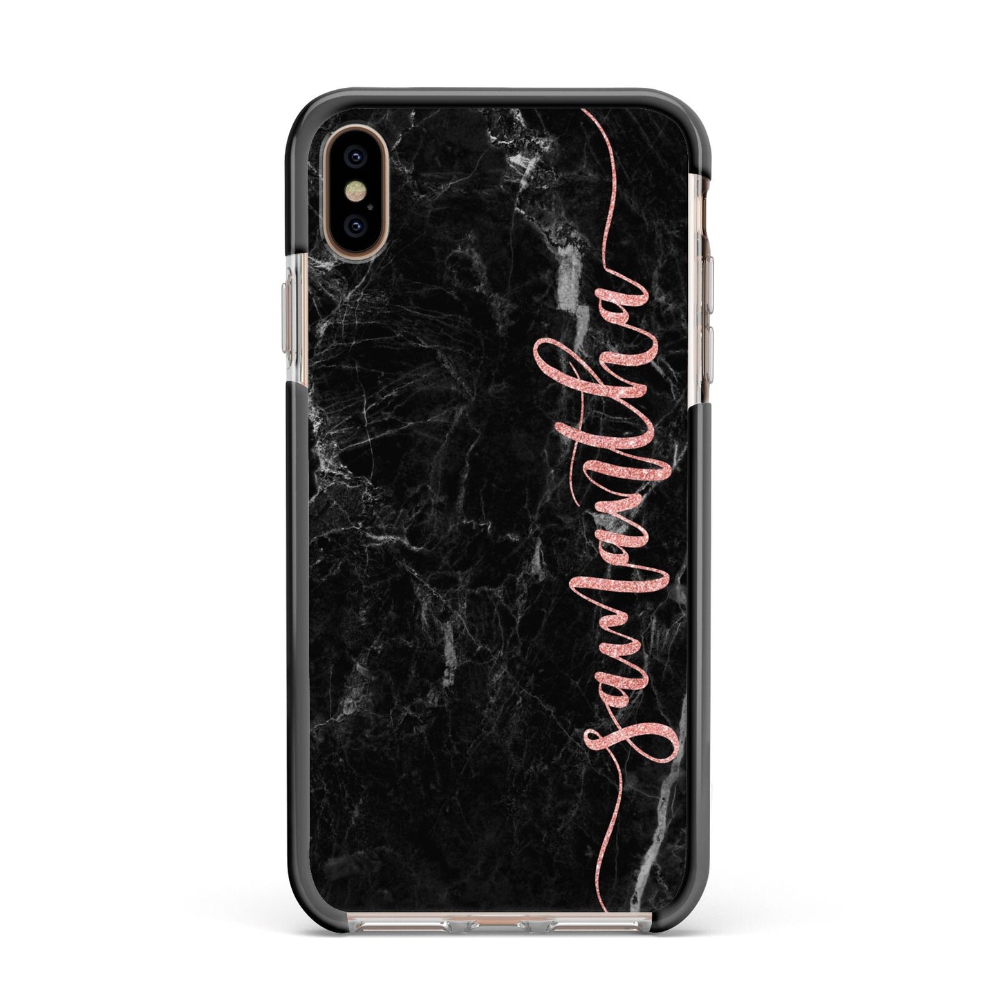 Black Marble Vertical Glitter Personalised Name Apple iPhone Xs Max Impact Case Black Edge on Gold Phone