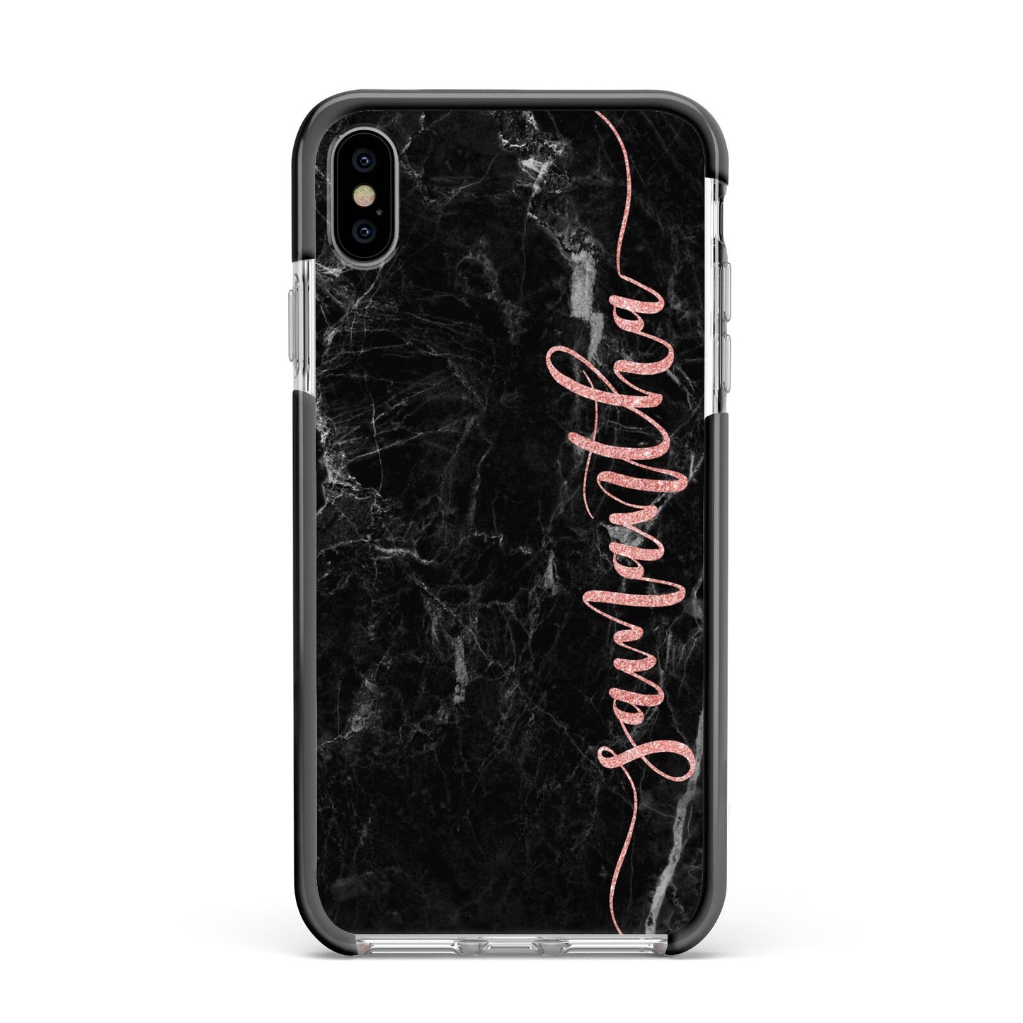 Black Marble Vertical Glitter Personalised Name Apple iPhone Xs Max Impact Case Black Edge on Silver Phone