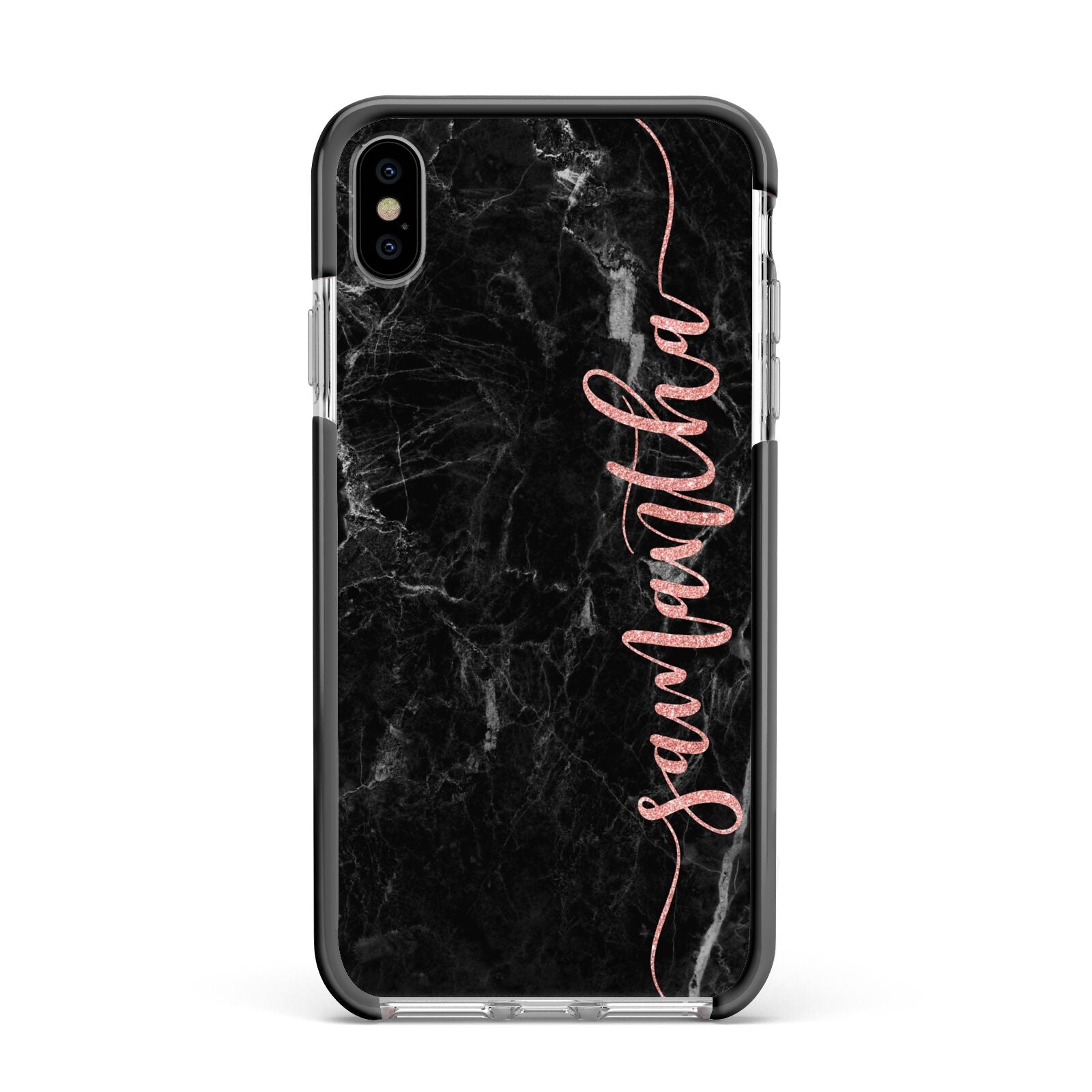 Black Marble Vertical Glitter Personalised Name Apple iPhone Xs Max Impact Case Black Edge on Silver Phone
