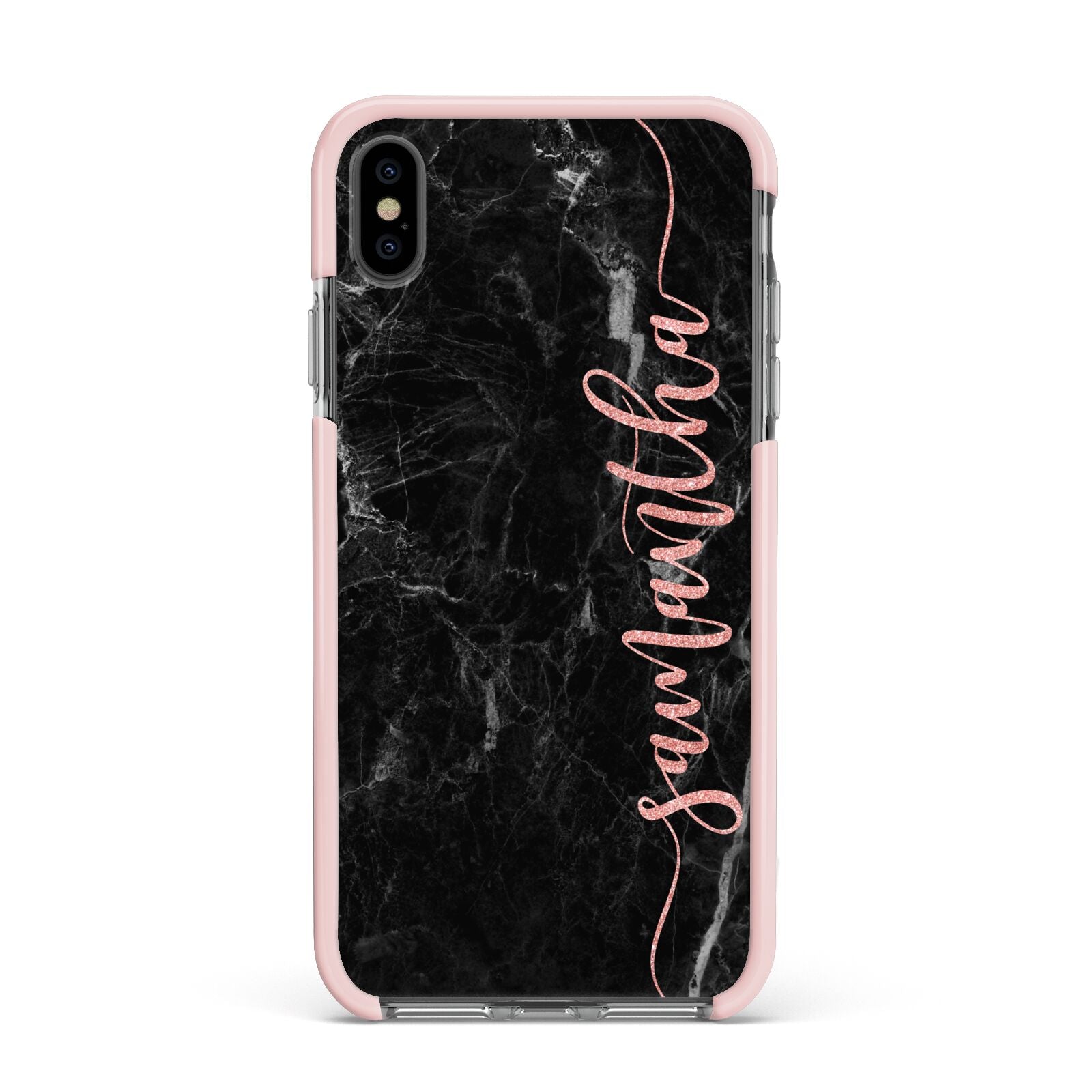 Black Marble Vertical Glitter Personalised Name Apple iPhone Xs Max Impact Case Pink Edge on Black Phone
