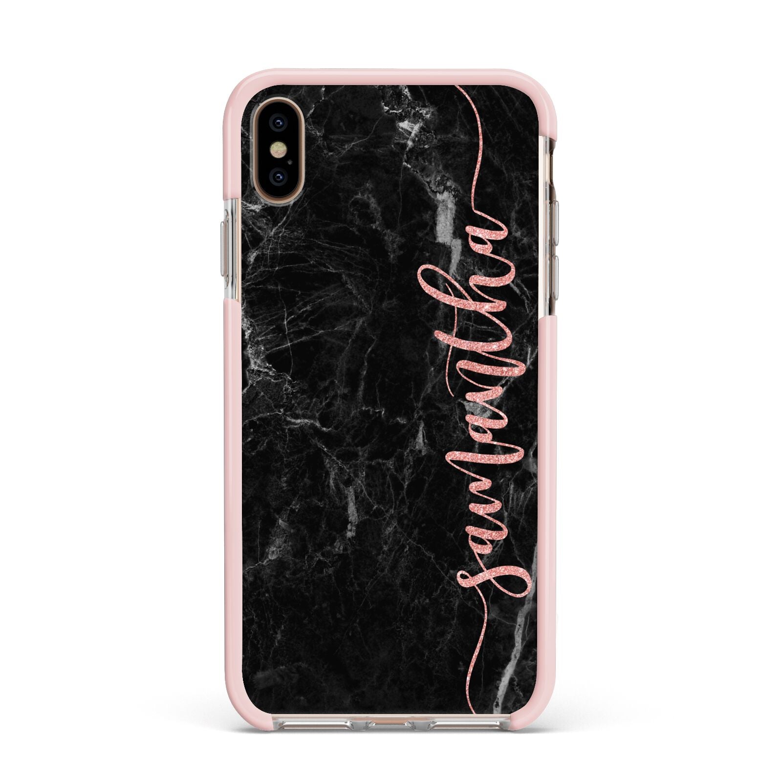 Black Marble Vertical Glitter Personalised Name Apple iPhone Xs Max Impact Case Pink Edge on Gold Phone