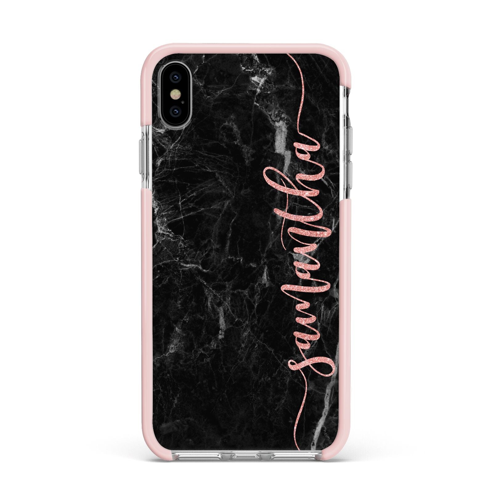 Black Marble Vertical Glitter Personalised Name Apple iPhone Xs Max Impact Case Pink Edge on Silver Phone
