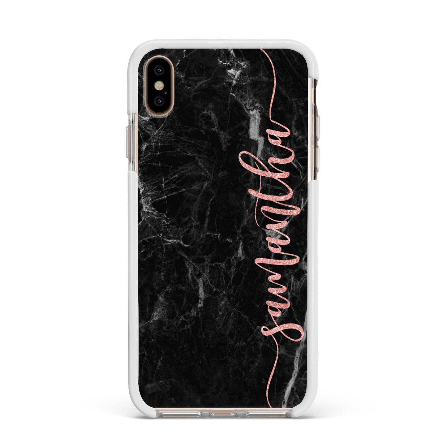 Black Marble Vertical Glitter Personalised Name Apple iPhone Xs Max Impact Case White Edge on Gold Phone