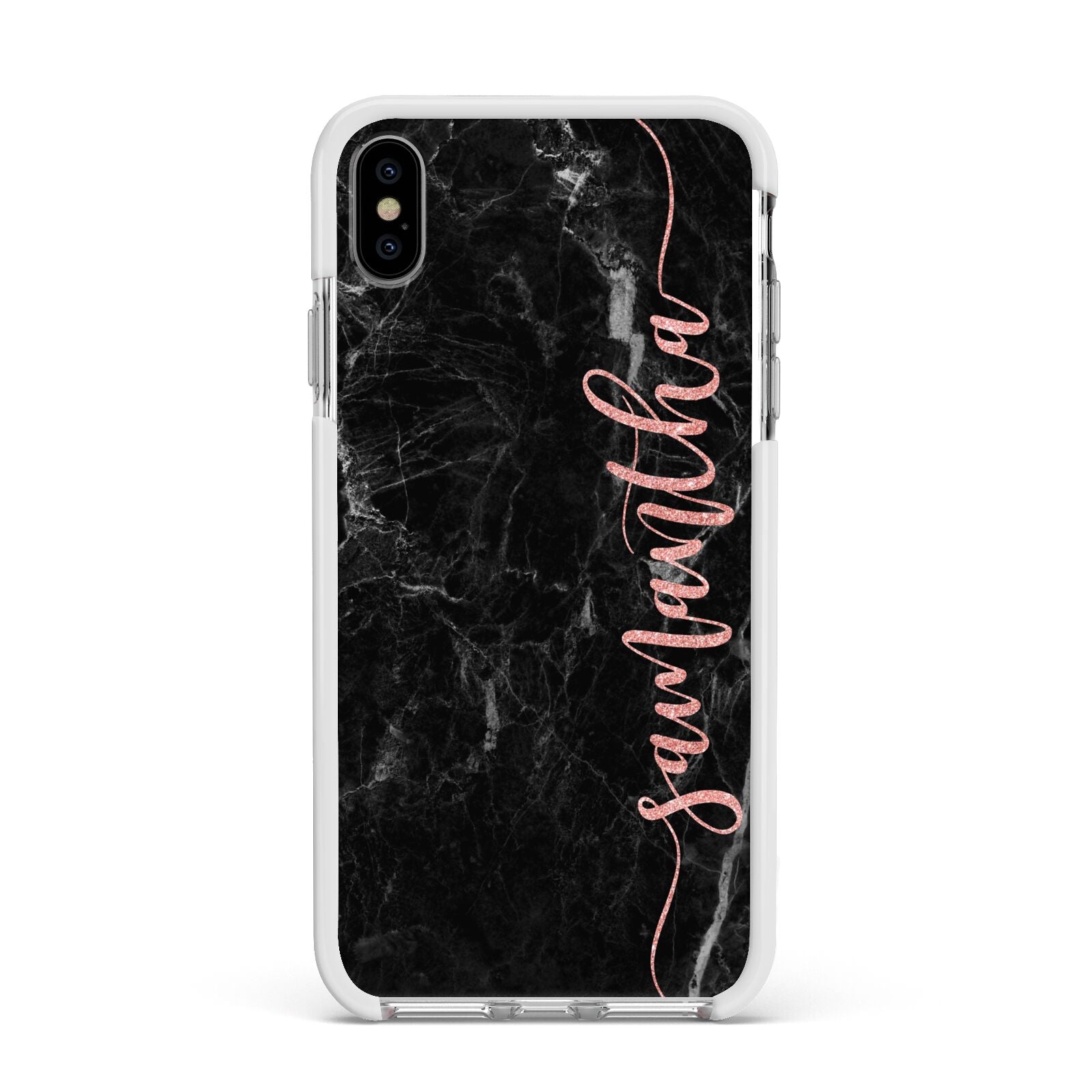 Black Marble Vertical Glitter Personalised Name Apple iPhone Xs Max Impact Case White Edge on Silver Phone