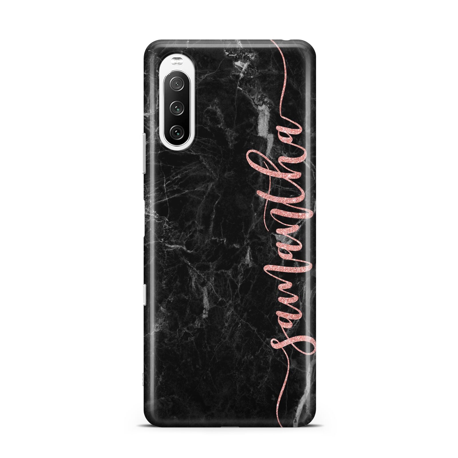 Black Marble Vertical Glitter Personalised Name Sony Xperia 10 III Case