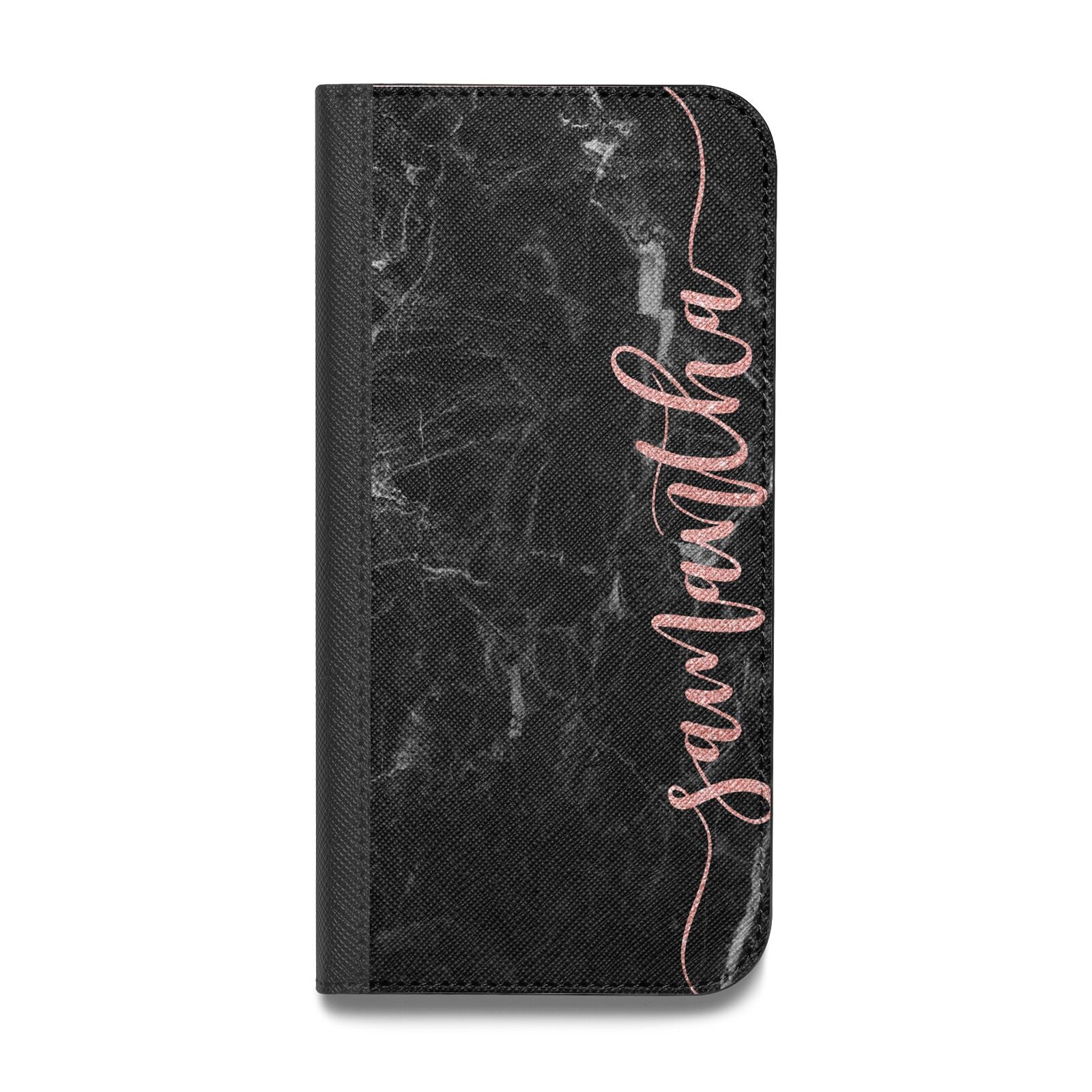 Black Marble Vertical Glitter Personalised Name Vegan Leather Flip iPhone Case