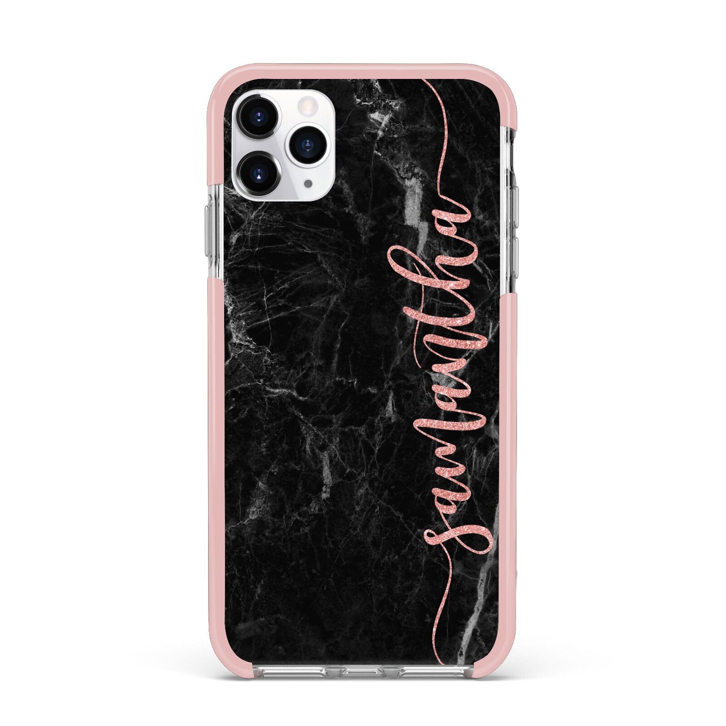 Black Marble Vertical Glitter Personalised Name iPhone 11 Pro Max Impact Pink Edge Case
