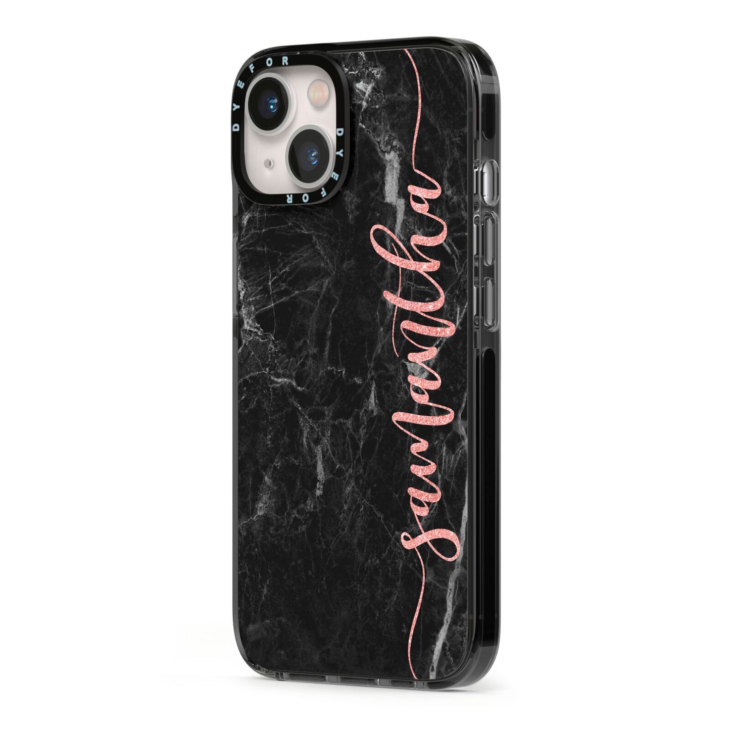 Black Marble Vertical Glitter Personalised Name iPhone 13 Black Impact Case Side Angle on Silver phone