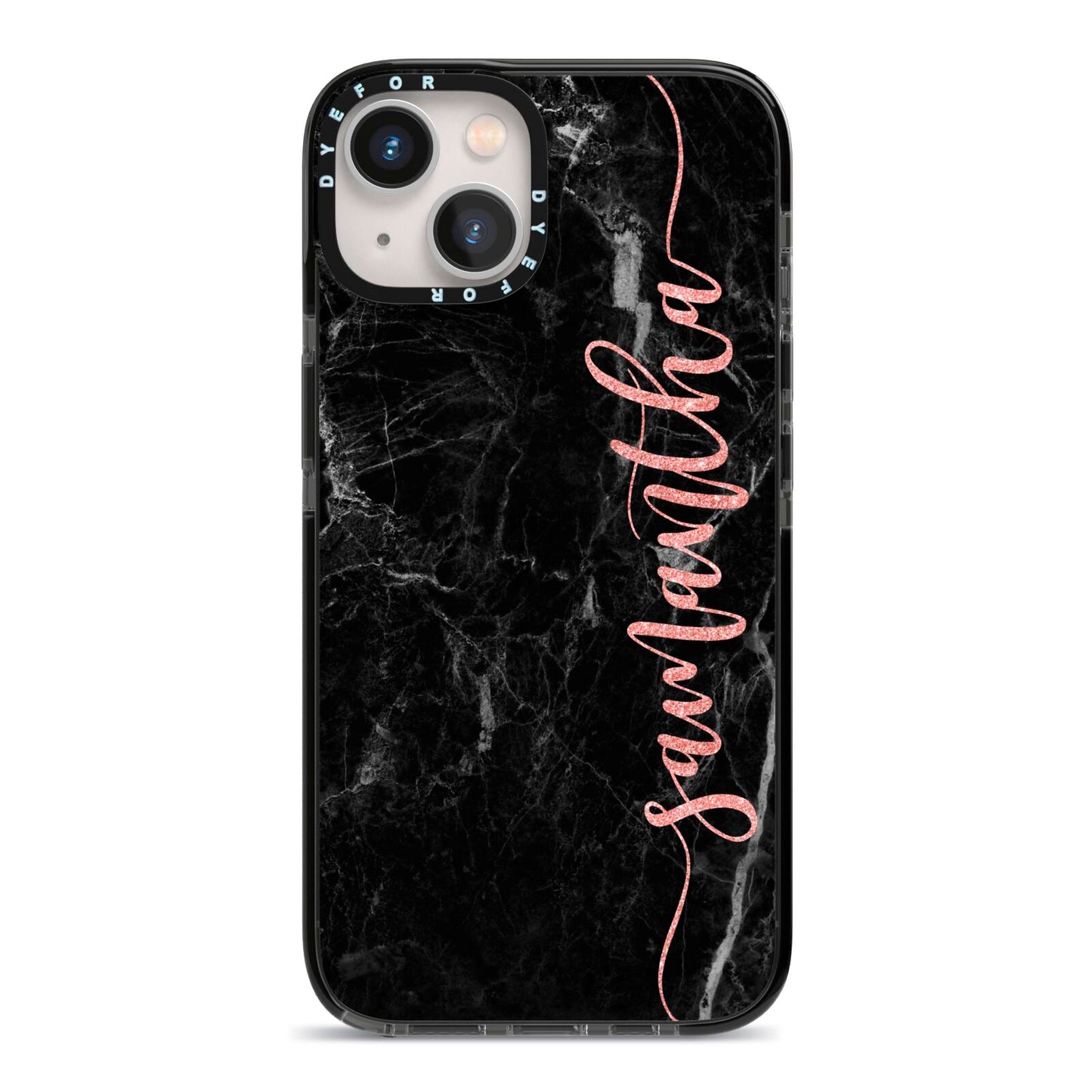 Black Marble Vertical Glitter Personalised Name iPhone 13 Black Impact Case on Silver phone