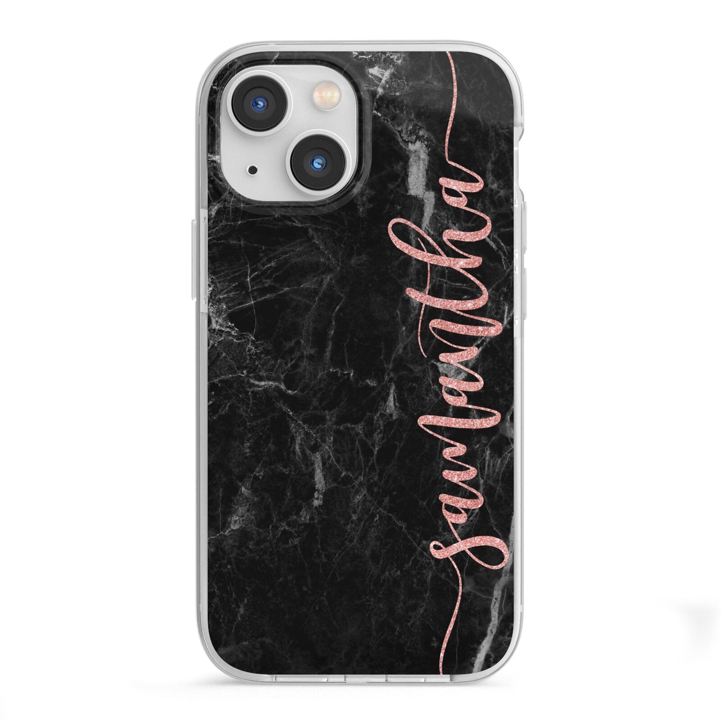 Black Marble Vertical Glitter Personalised Name iPhone 13 Mini TPU Impact Case with White Edges