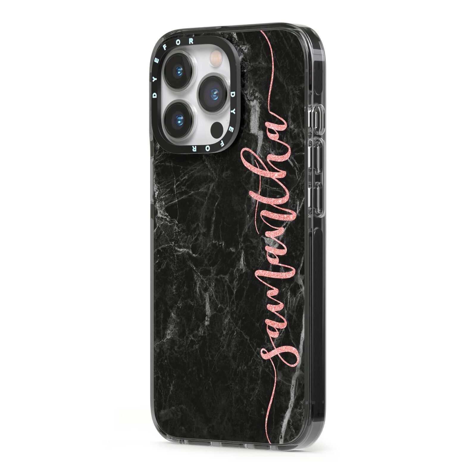 Black Marble Vertical Glitter Personalised Name iPhone 13 Pro Black Impact Case Side Angle on Silver phone