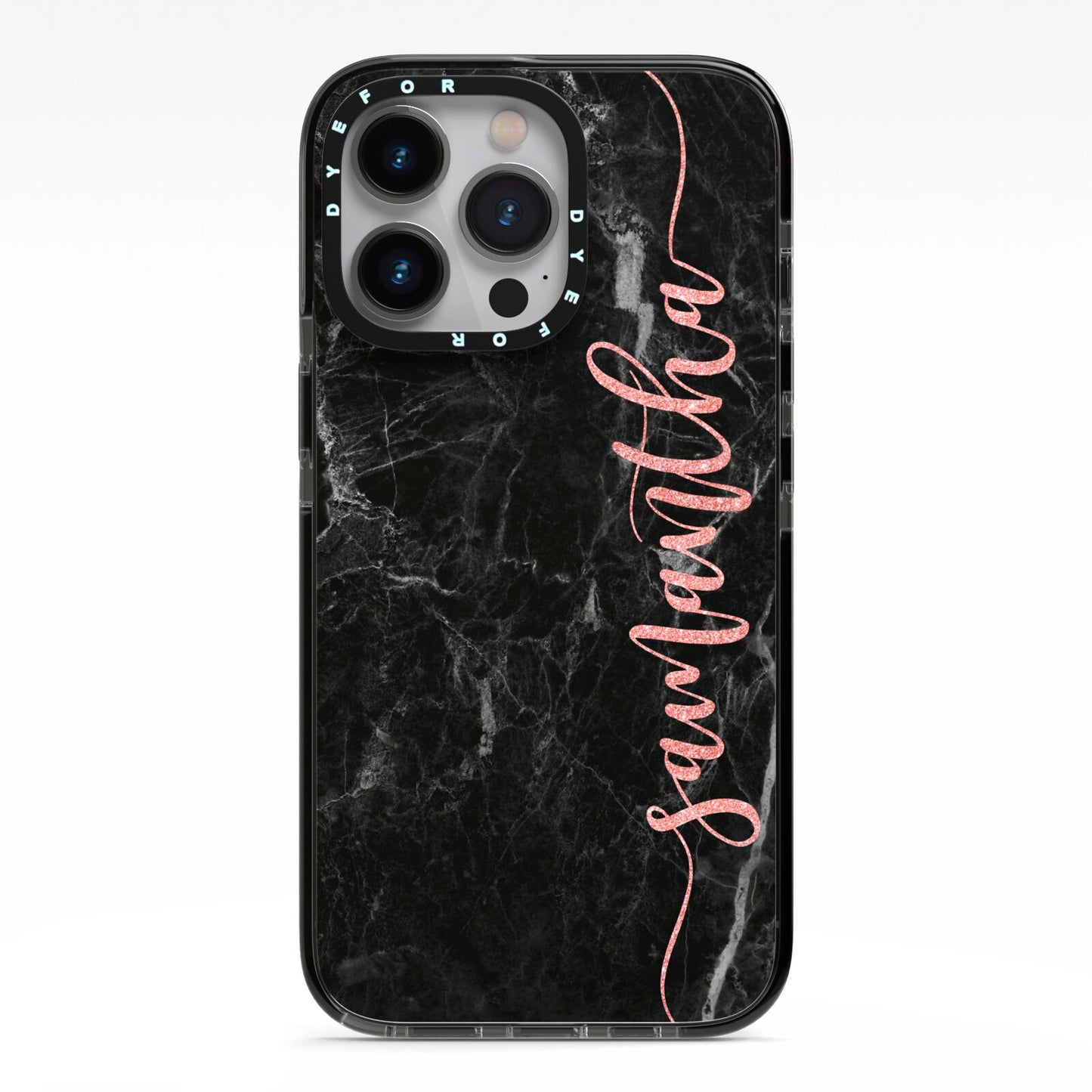 Black Marble Vertical Glitter Personalised Name iPhone 13 Pro Black Impact Case on Silver phone