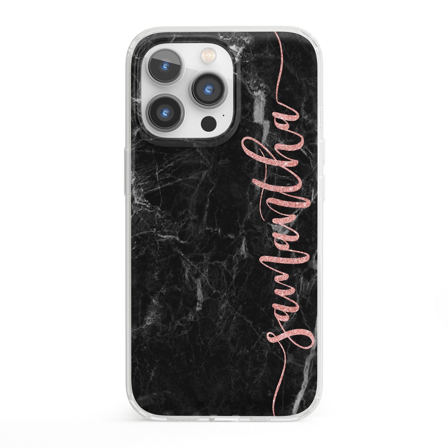 Black Marble Vertical Glitter Personalised Name iPhone 13 Pro Clear Bumper Case