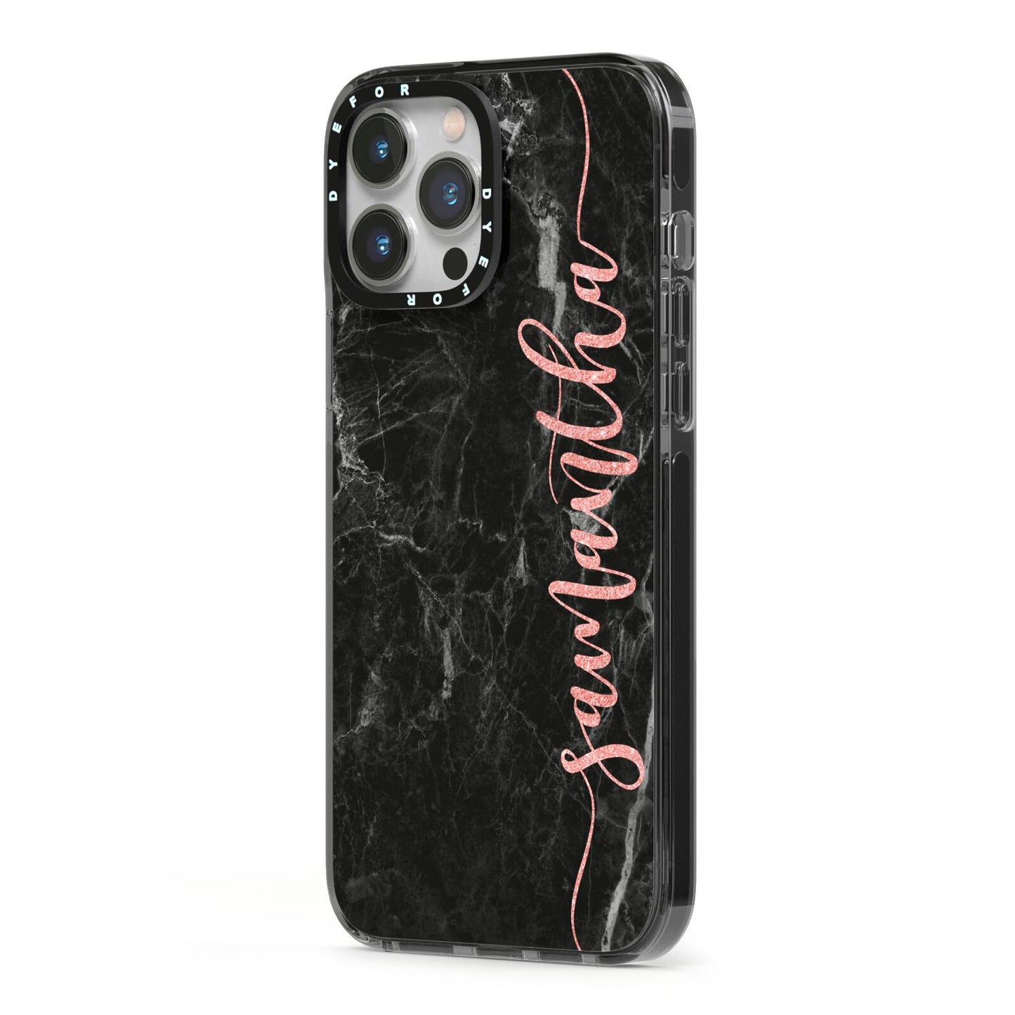 Black Marble Vertical Glitter Personalised Name iPhone 13 Pro Max Black Impact Case Side Angle on Silver phone