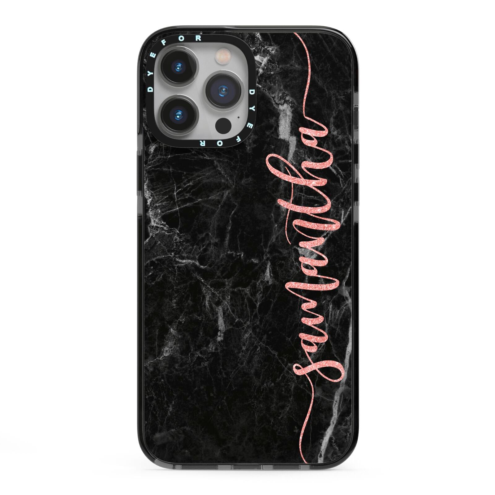 Black Marble Vertical Glitter Personalised Name iPhone 13 Pro Max Black Impact Case on Silver phone