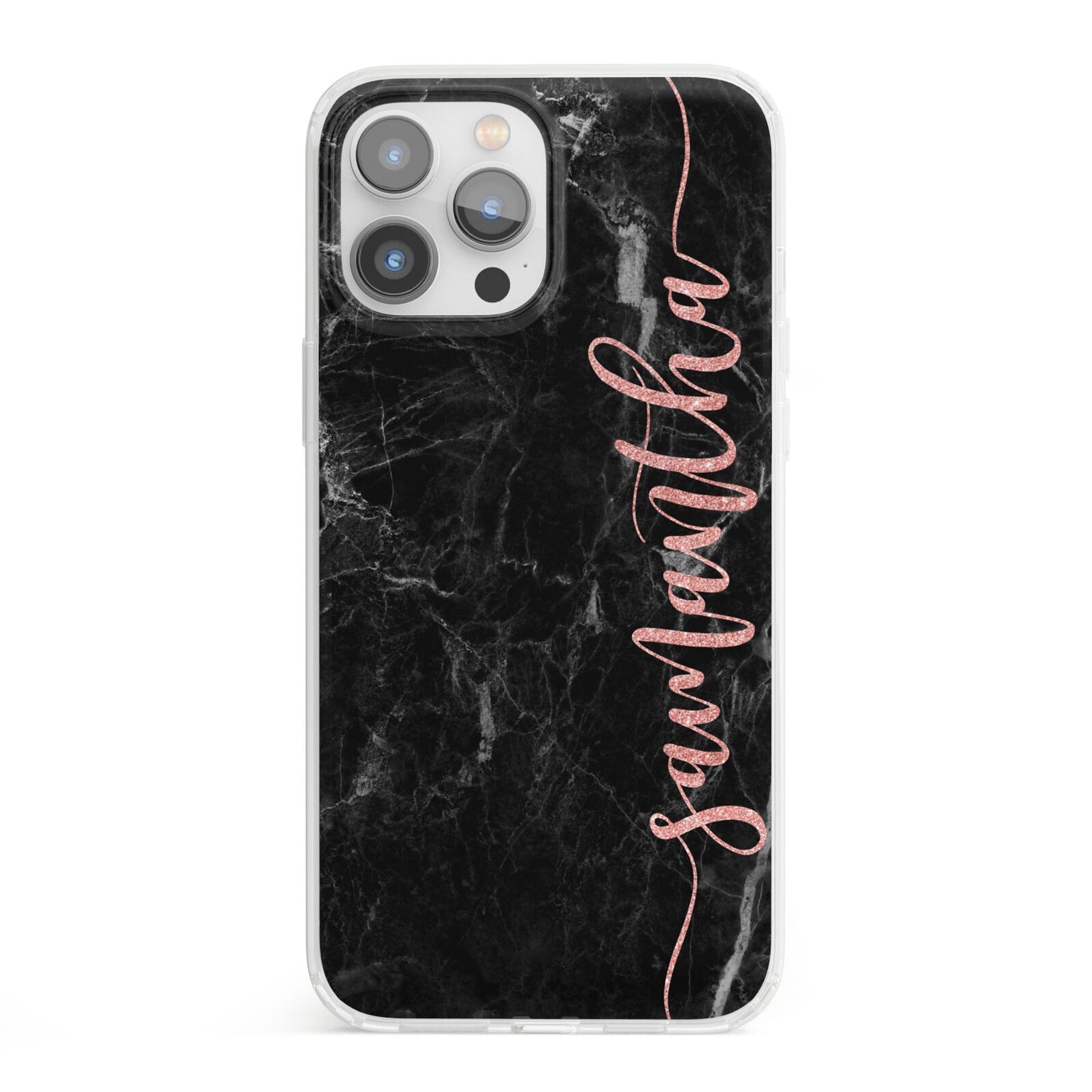 Black Marble Vertical Glitter Personalised Name iPhone 13 Pro Max Clear Bumper Case