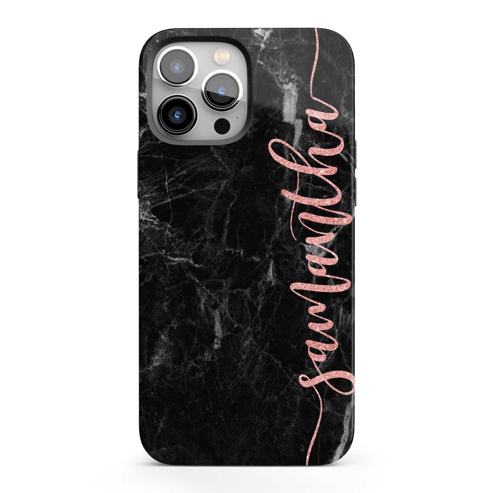 Black Marble Vertical Glitter Personalised Name iPhone 13 Pro Max Full Wrap 3D Tough Case