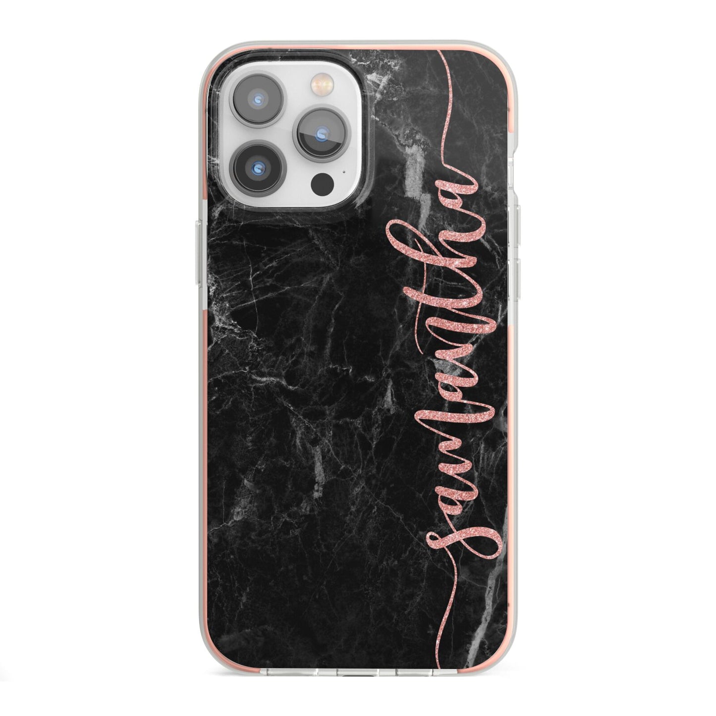 Black Marble Vertical Glitter Personalised Name iPhone 13 Pro Max TPU Impact Case with Pink Edges