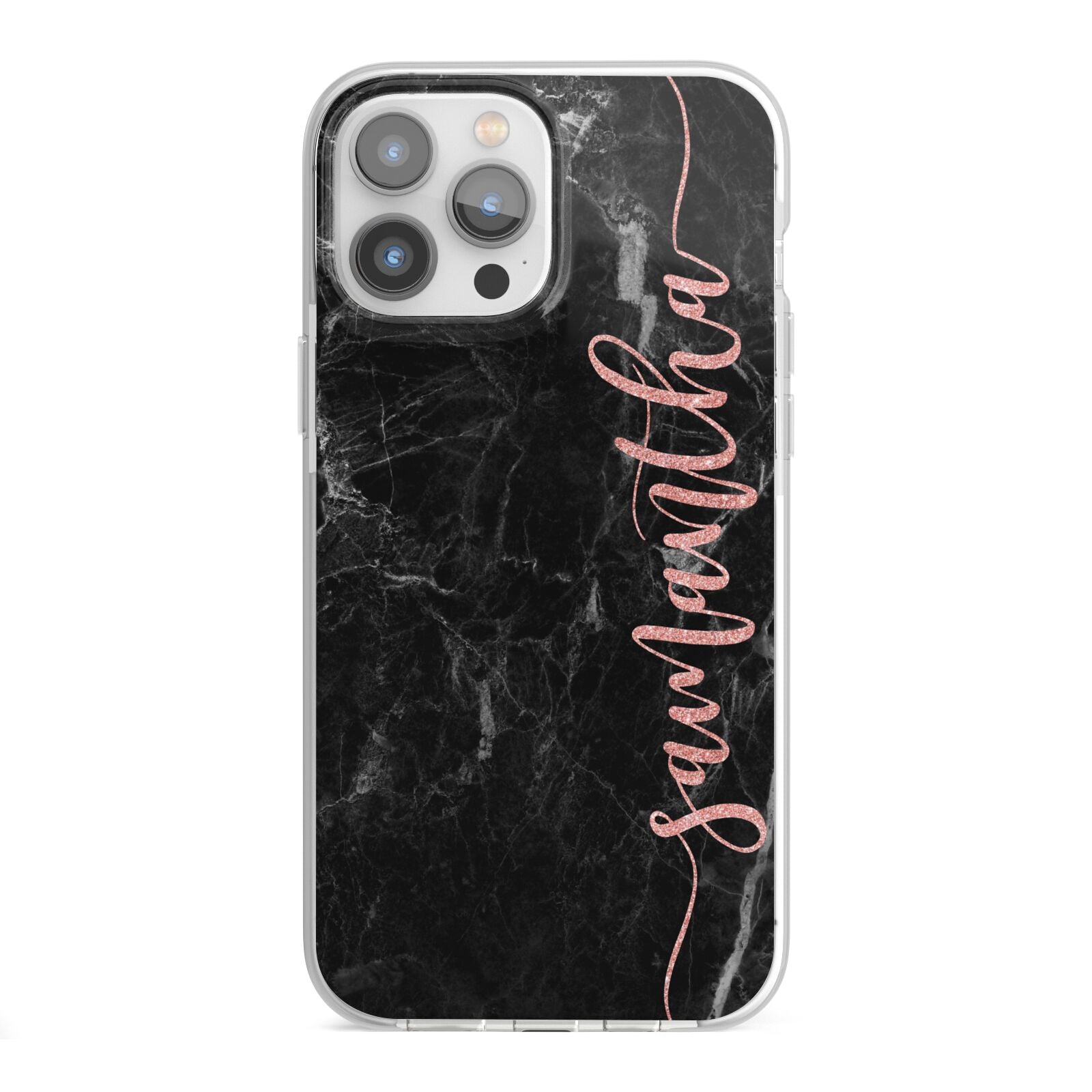 Black Marble Vertical Glitter Personalised Name iPhone 13 Pro Max TPU Impact Case with White Edges