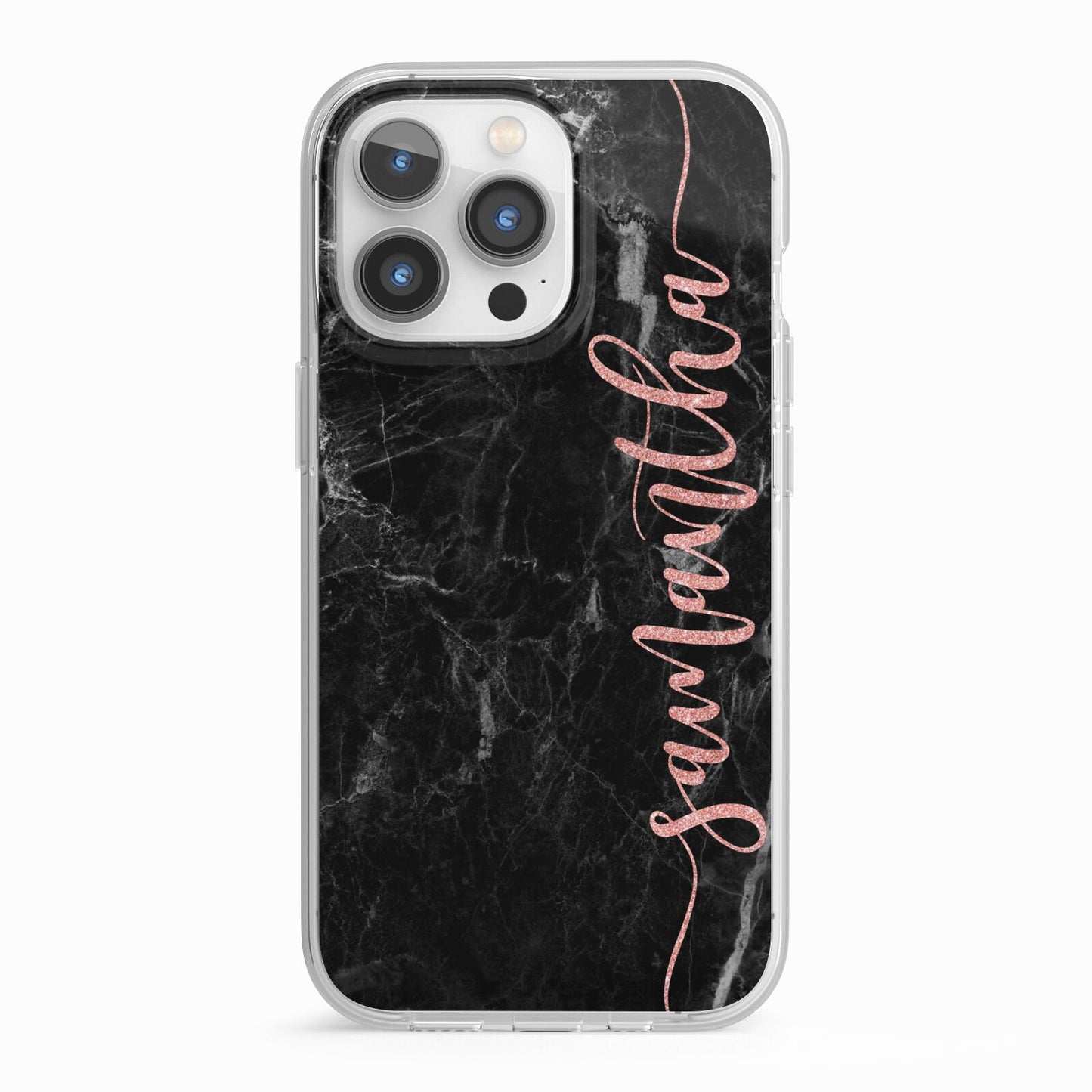 Black Marble Vertical Glitter Personalised Name iPhone 13 Pro TPU Impact Case with White Edges