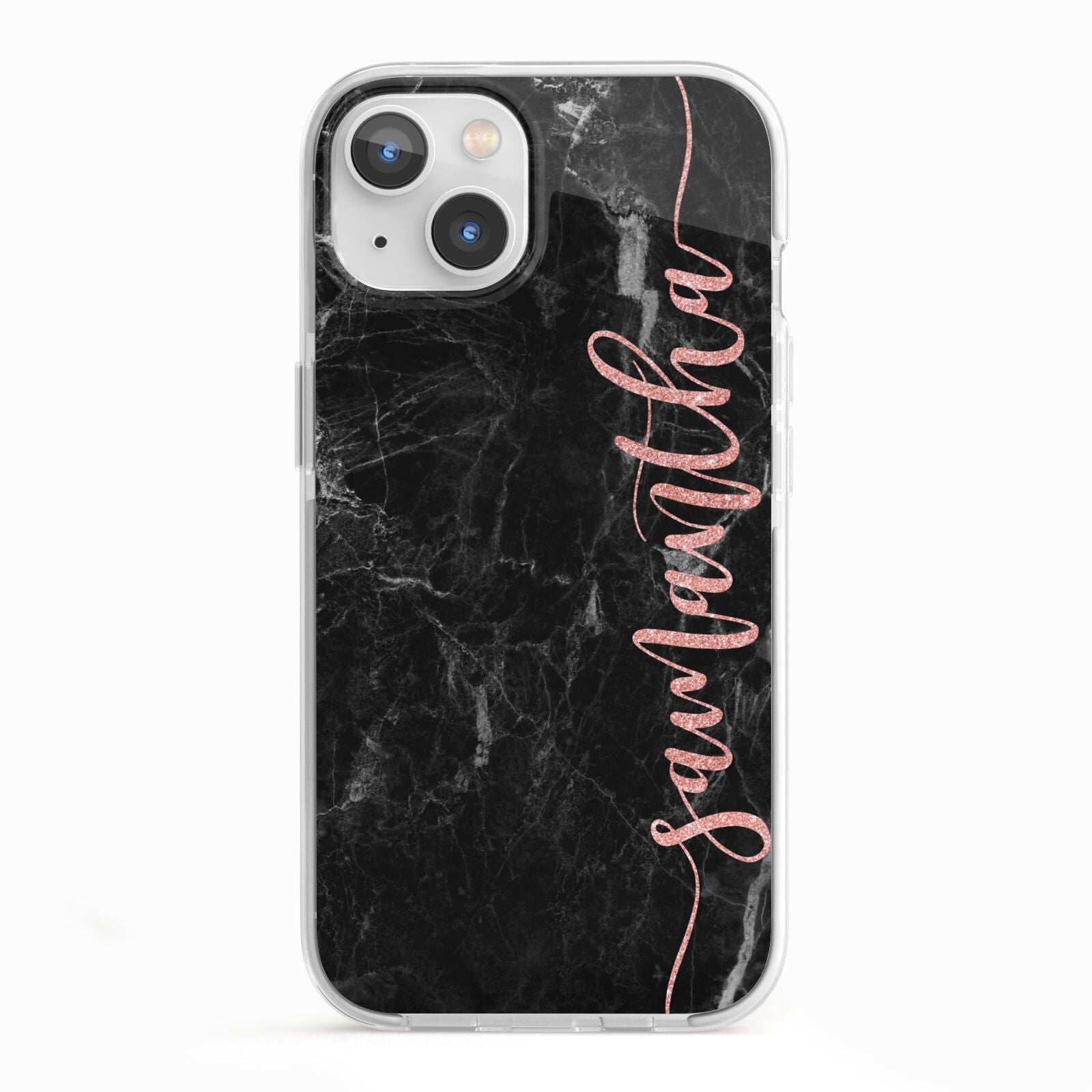 Black Marble Vertical Glitter Personalised Name iPhone 13 TPU Impact Case with White Edges