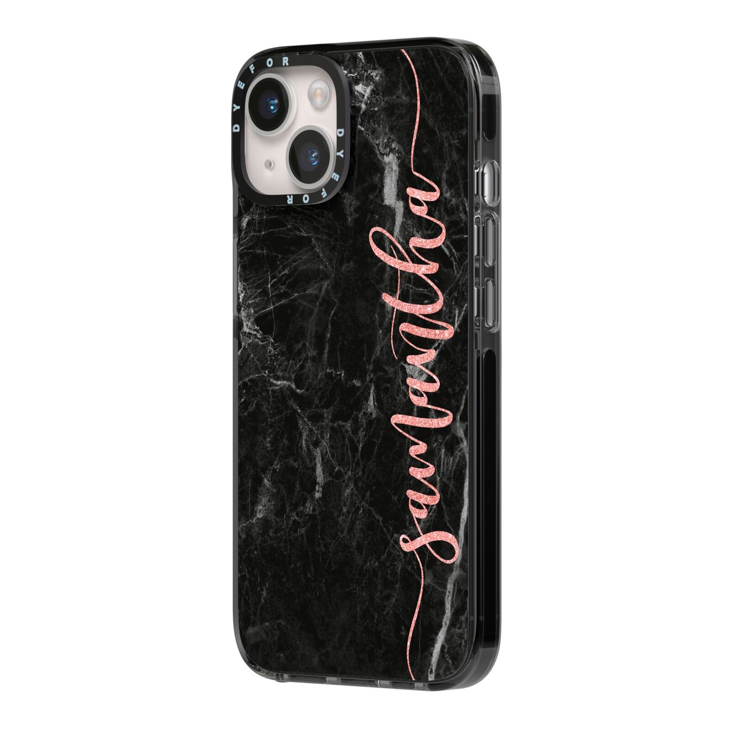 Black Marble Vertical Glitter Personalised Name iPhone 14 Black Impact Case Side Angle on Silver phone