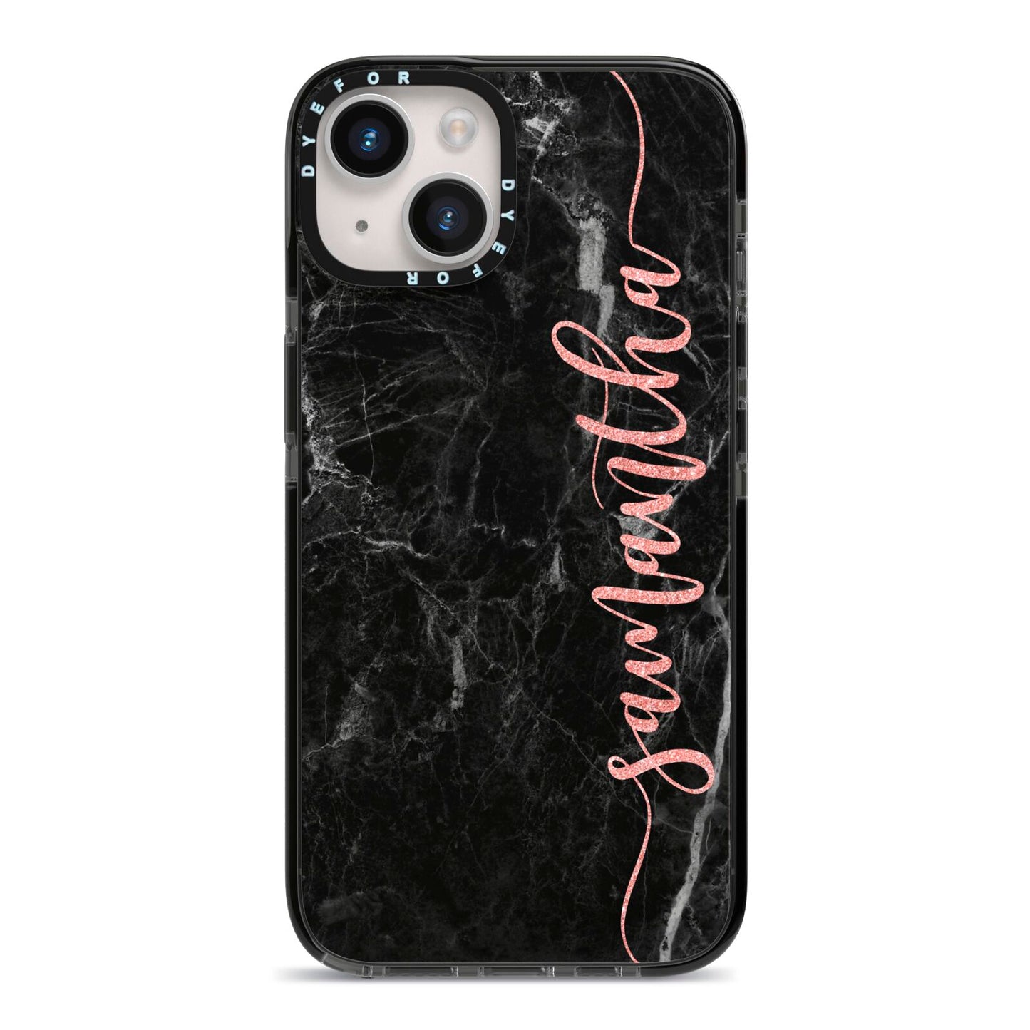 Black Marble Vertical Glitter Personalised Name iPhone 14 Black Impact Case on Silver phone
